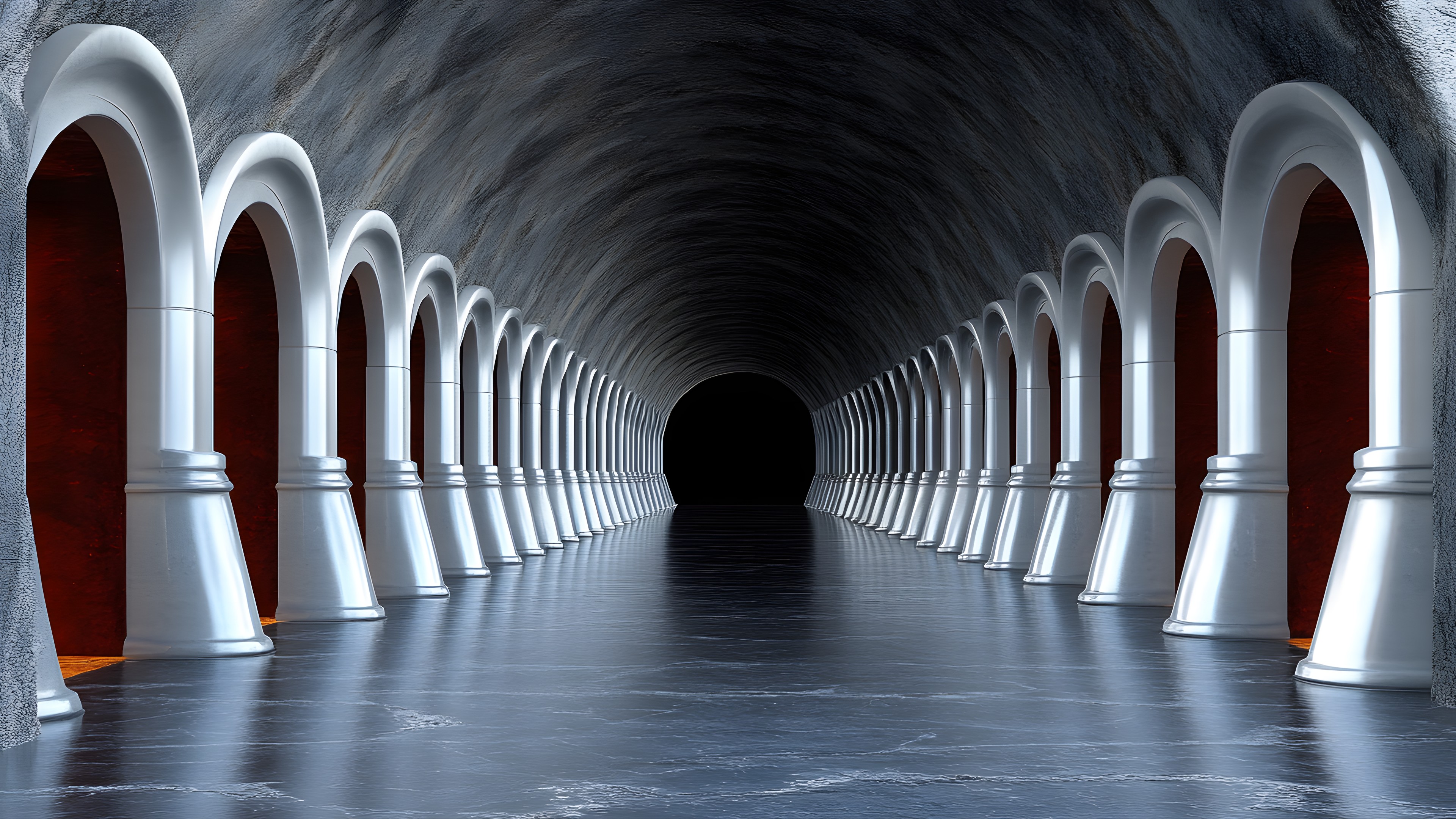 Infrastructure, Symmetry, Monochrome, Darkness, Arcade, Vault, Tunnel, Arch, Composite material, Building, Monochrome photography, Ceiling, Concrete, Column, Engineering, Walkway, Road, Nonbuilding structure, Stock photography, Fixed link