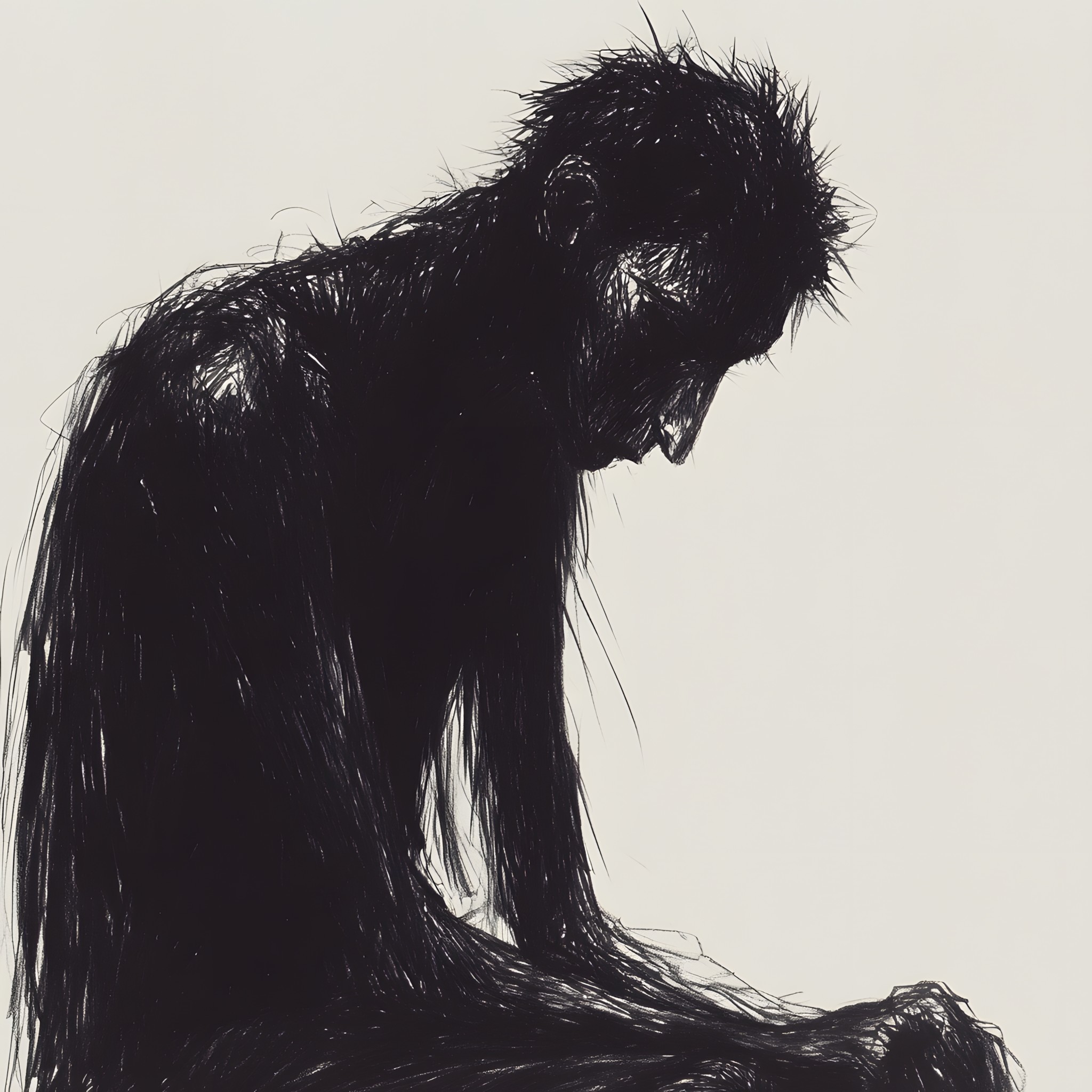 Black, Primate, Black and white, Sketch, Line art, Cryptid