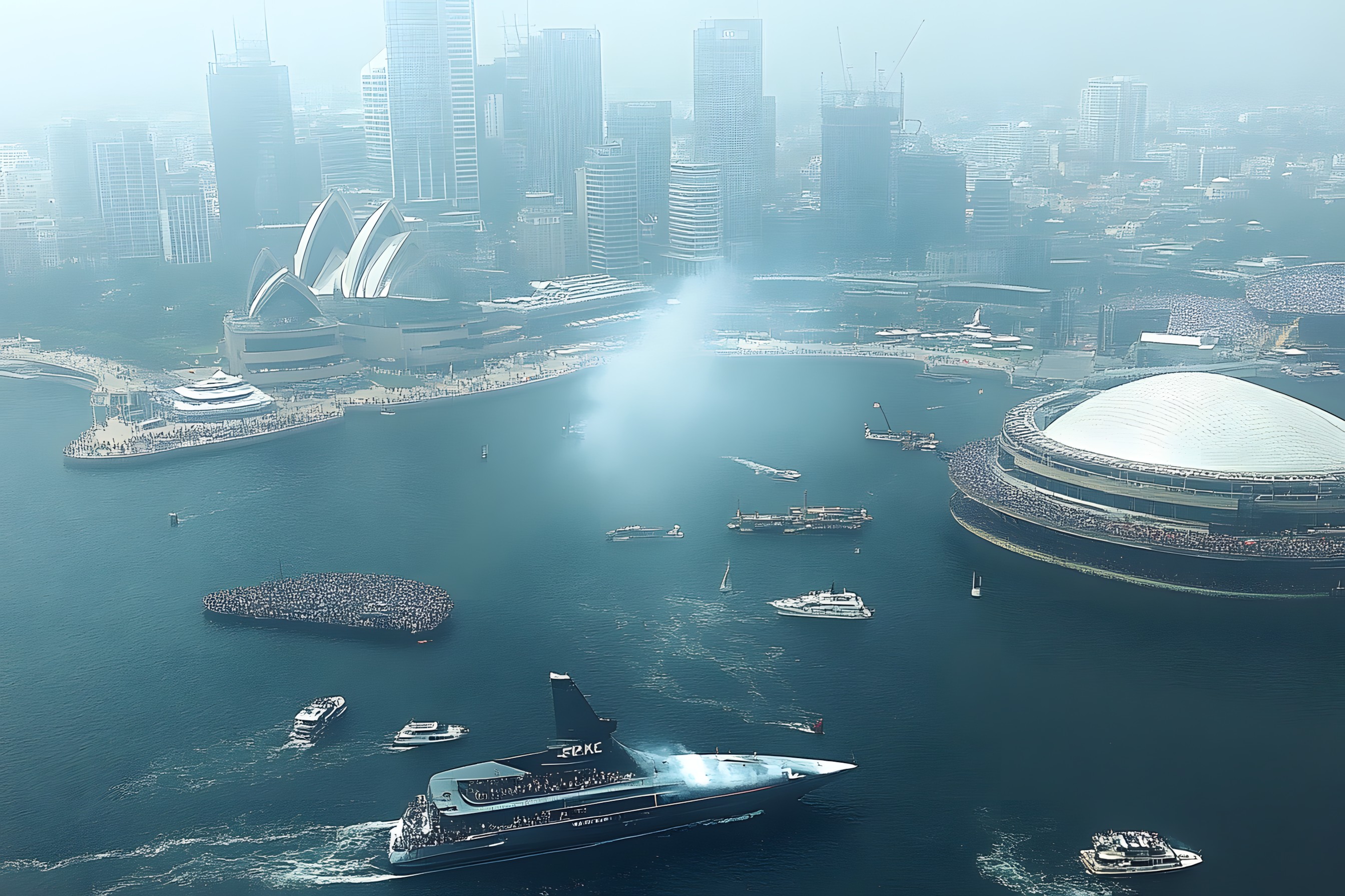 Water, Boat, Watercraft, Waterway, Skyscraper, atmospheric phenomenon, Naval architecture, High-rise building, Tower, Sea, Metropolis, Cityscape, Ship, Passenger ship, Aerial photography, Water transportation, Cruise ship, Skyline, Haze, Ocean liner