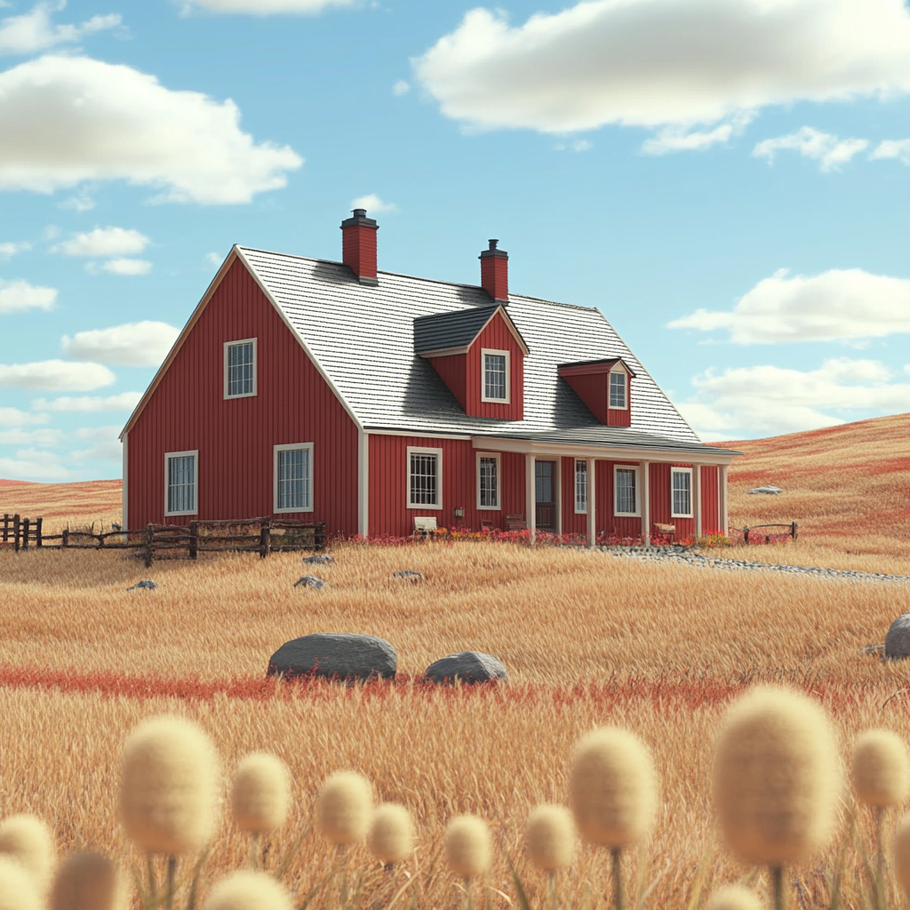 Building, House, Roof, Home, Cottage, Rural area, Landscape, Plain, Land lot, Barn, Farmhouse, Field, Farm, Prairie, Agriculture, Village, Meadow, Hut, Croft, Pasture