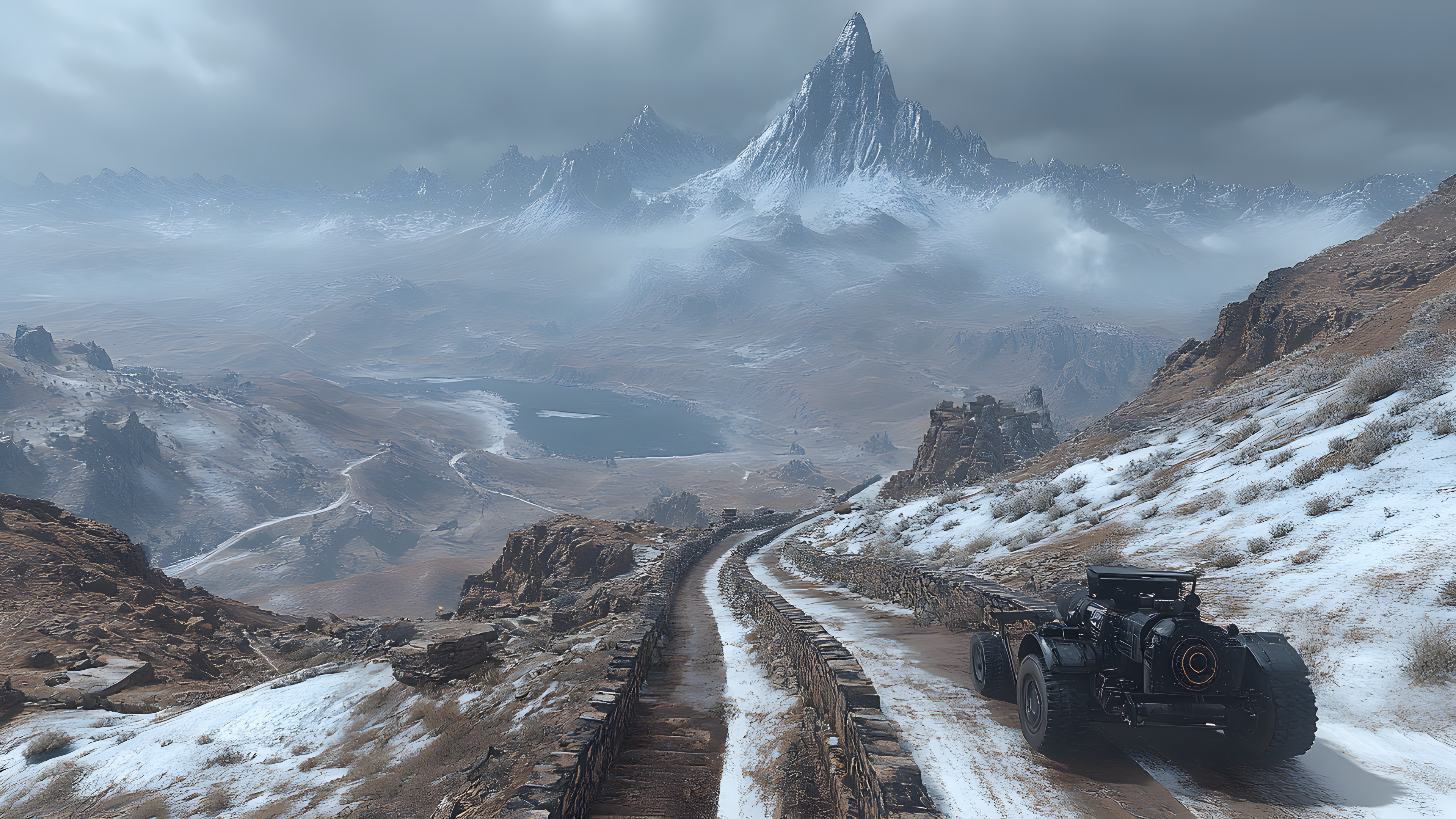 Automotive Tire, Off-road vehicle, Mountain, Off-roading, Monster truck, All-terrain vehicle, geological phenomenon, Mountain range, Valley, Winter, PC game, Glacial landform, Snow, Tundra, Digital compositing, Alps, Ridge, Truck, Tread, Adventure