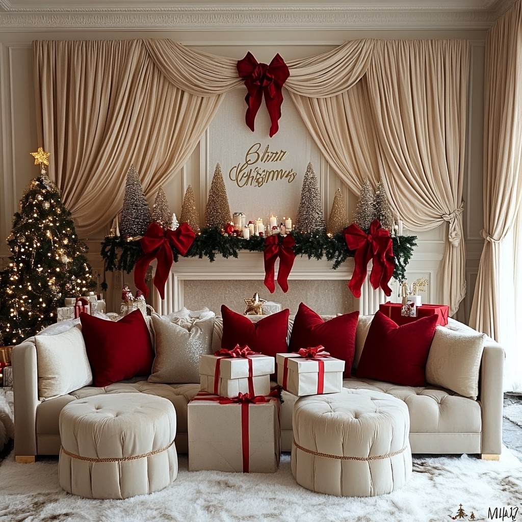 Decoration, White, Curtain, Couch, Interior design, Christmas tree, Living room, Ornament, Red, Christmas decoration, Event, Window treatment, Christmas, Room, Home, Carmine, Interior design, Window covering, Magenta, Peach