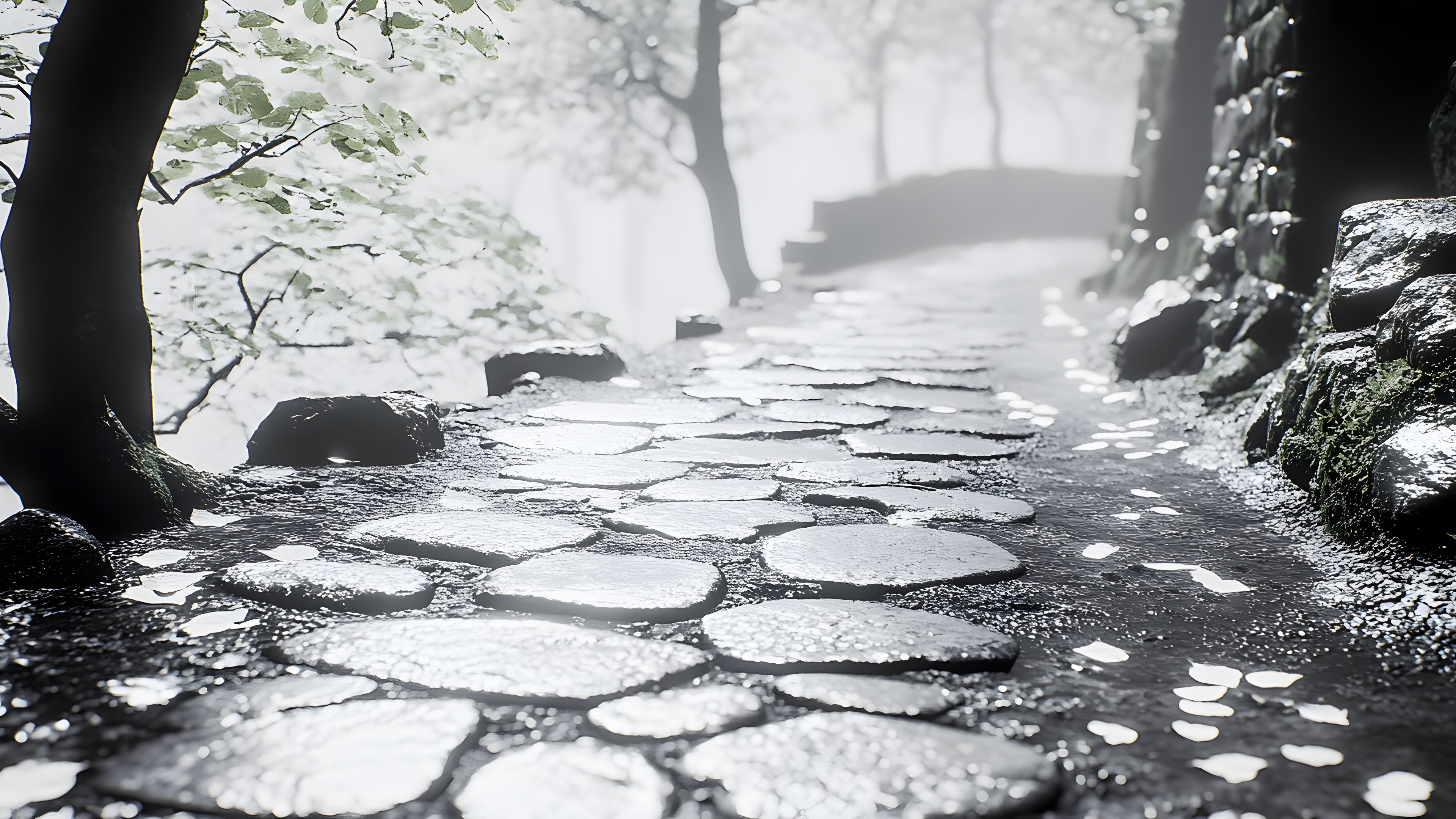 Cobblestone, Winter, atmospheric phenomenon, Trail, Monochrome, Black and white, Snow, Freezing, Walkway, Woodland, Stone wall, Mist, Precipitation, Path, Frost, Old-growth forest, Fog