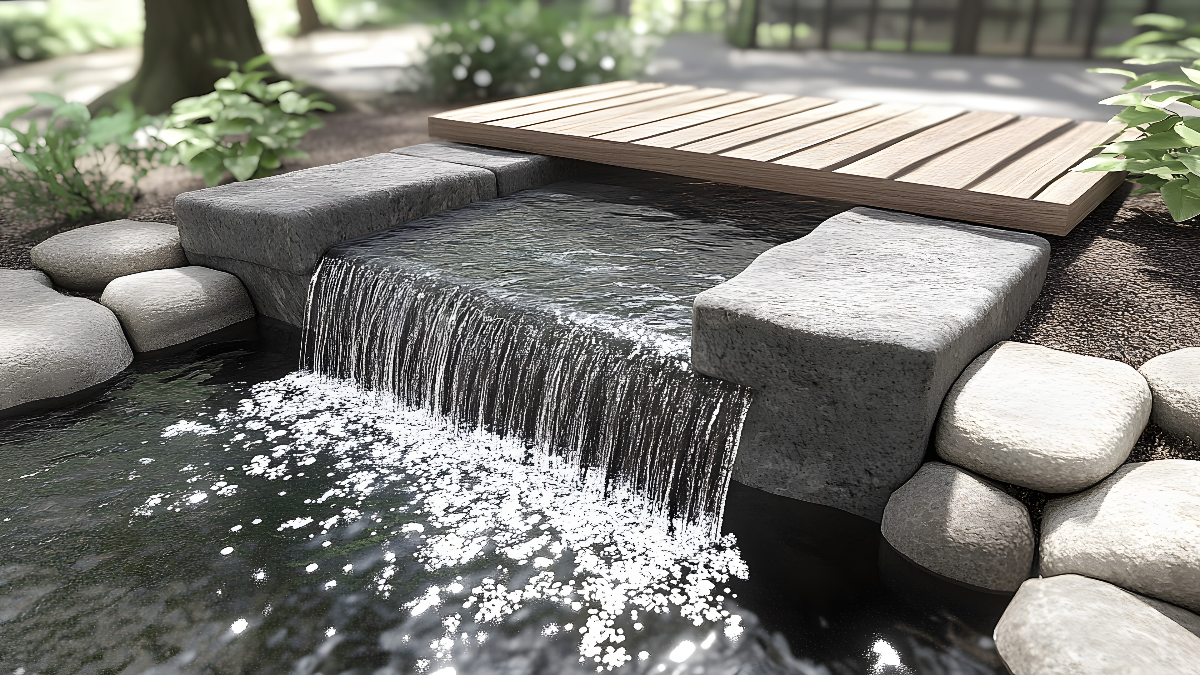 Rock, Water feature, Garden, Landscaping, Bedrock, Natural material, Design, Waterfall, Pebble