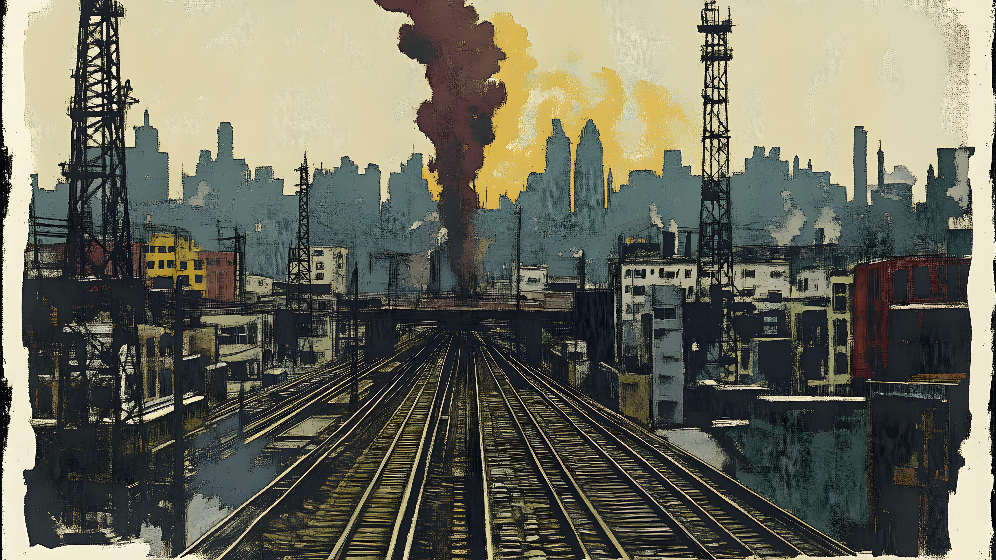 City, Skyscraper, Metropolis, High-rise building, Metropolitan area, Tower, Cityscape, Skyline, Track, Rail transport, Train, Paint, Watercolor painting, Smoke, Locomotive, Rolling stock, Factory