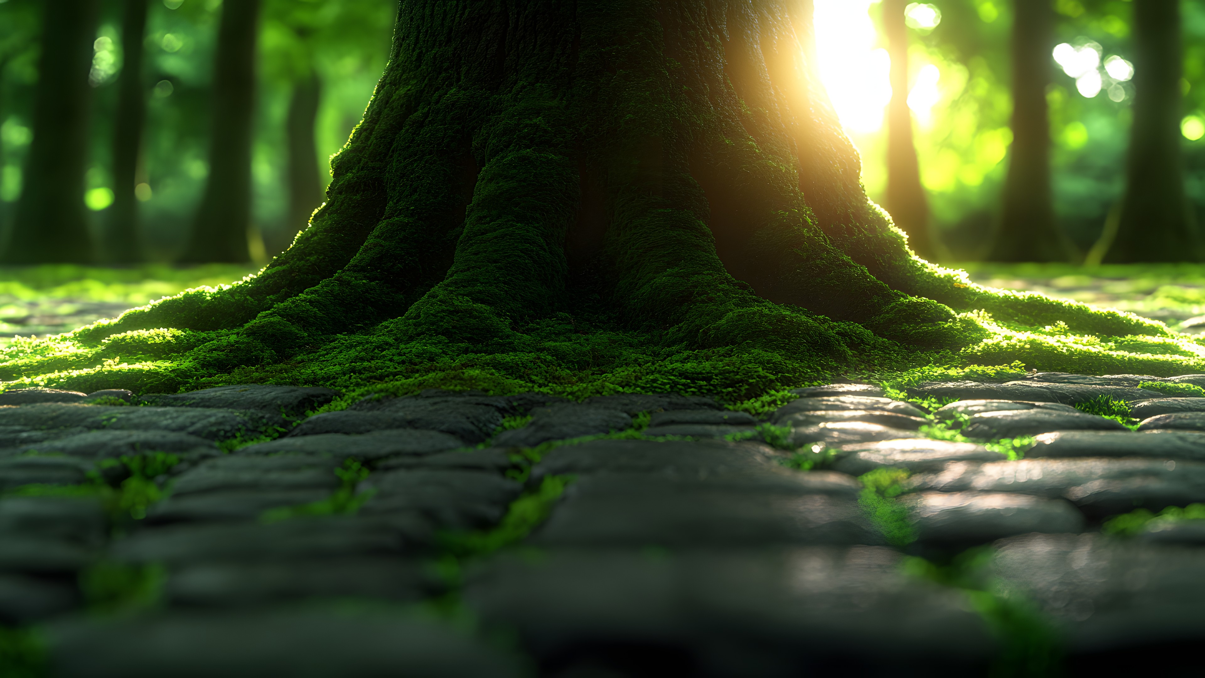 Green, Nature, Natural landscape, Forest, Trunk, Groundcover, Woody plant, Sunlight, Old-growth forest, Jungle, Bryophyte, Moss, Northern hardwood forest, Valdivian temperate rain forest, Temperate broadleaf and mixed forest, Woodland, Shadow, Tropical and subtropical coniferous forests, Rainforest, Algae