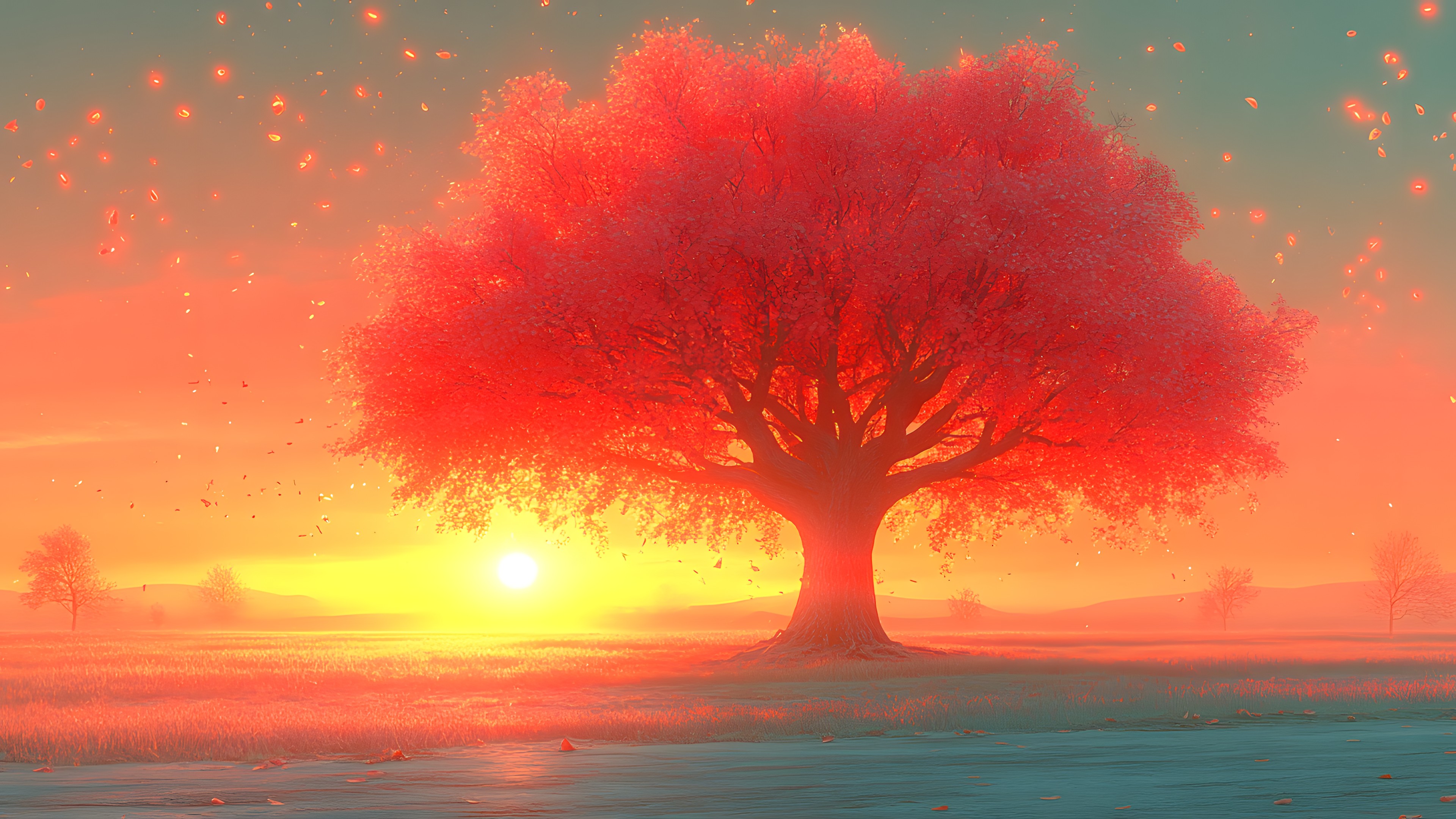 Red, Nature, Orange, atmospheric phenomenon, Red sky at morning, Pink, Sunrise, Woody plant, Afterglow, Dusk, Evening, Sunset, Astronomical object, Graphics, Autumn