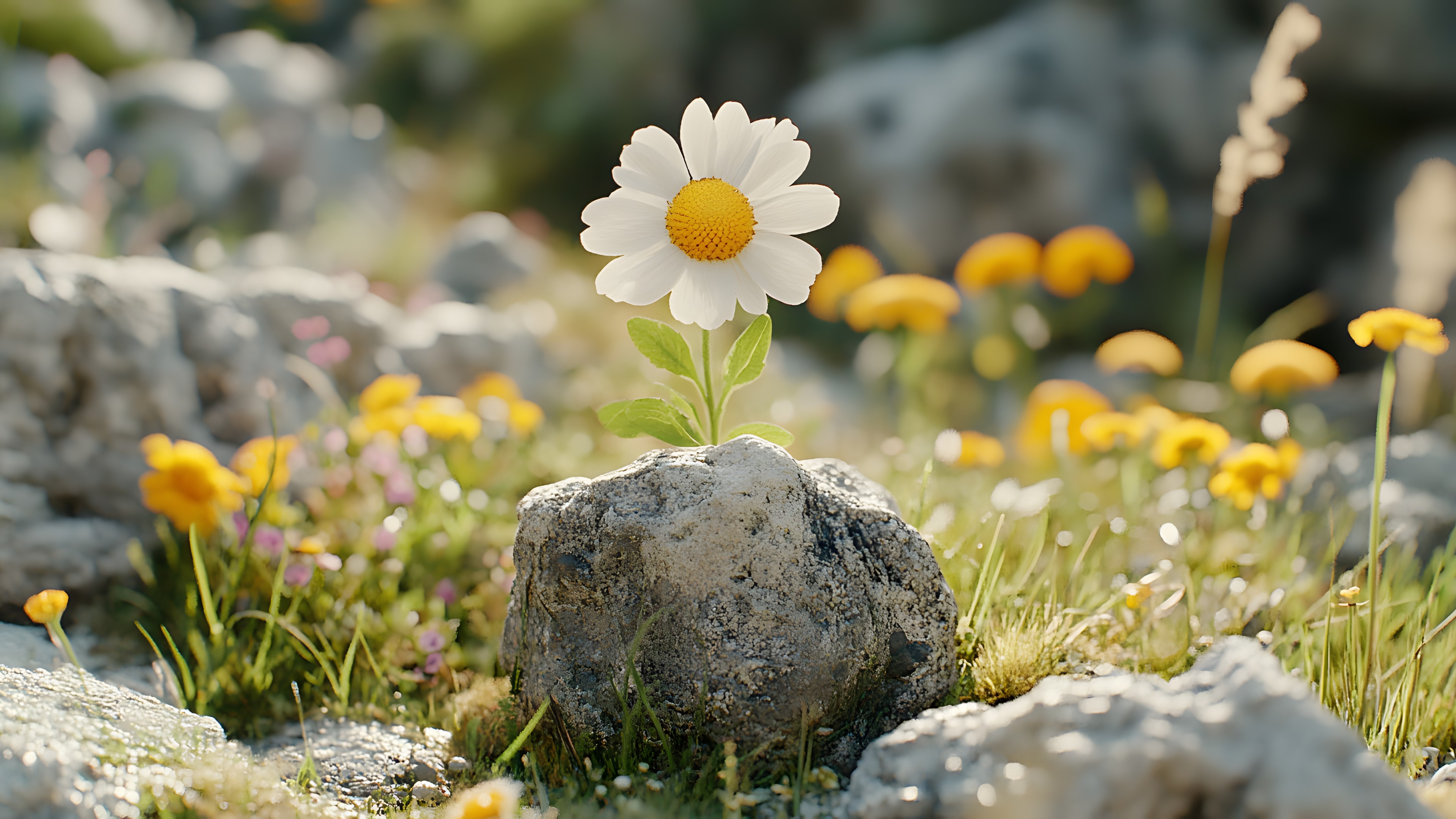 Flower, Plant, Petal, Natural landscape, camomile, Grass, People in nature, Groundcover, Meadow, Flowering plant, Landscape, Chamaemelum nobile, Happy, Daisy family, Annual plant, Daisy, Macro photography, Rock, Pollen, Wildflower