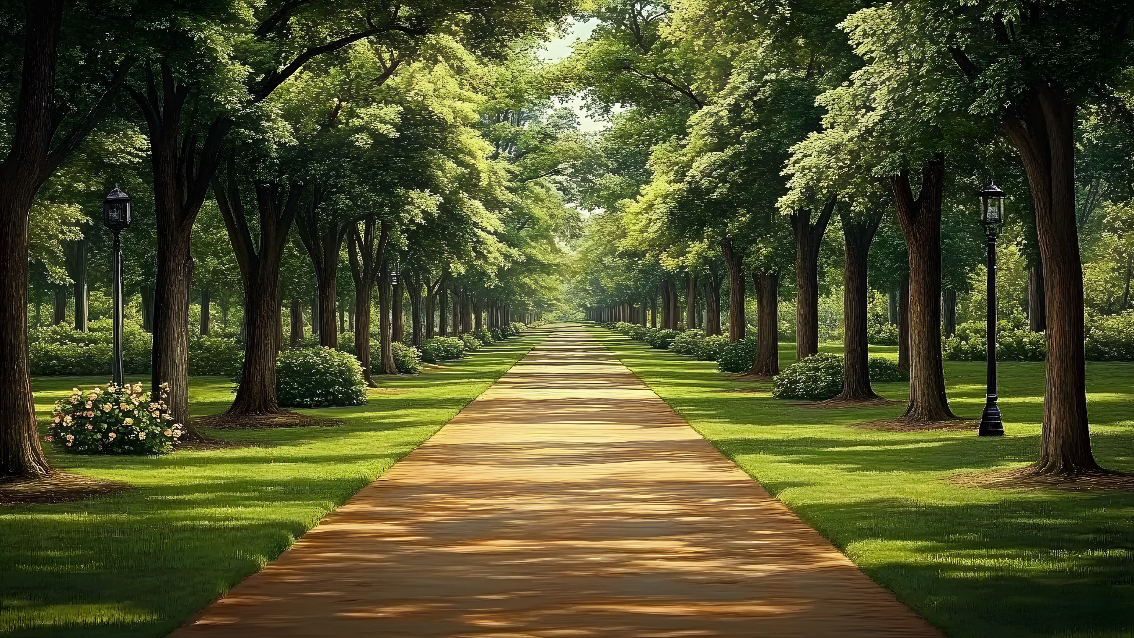 Leaf, Nature, Green, Natural landscape, Landscape, Garden, Trunk, Walkway, Sunlight, Woody plant, Spring, Shade, Landscaping, Woodland, Park, Plantation, Lawn, Grove, Symmetry, Shadow