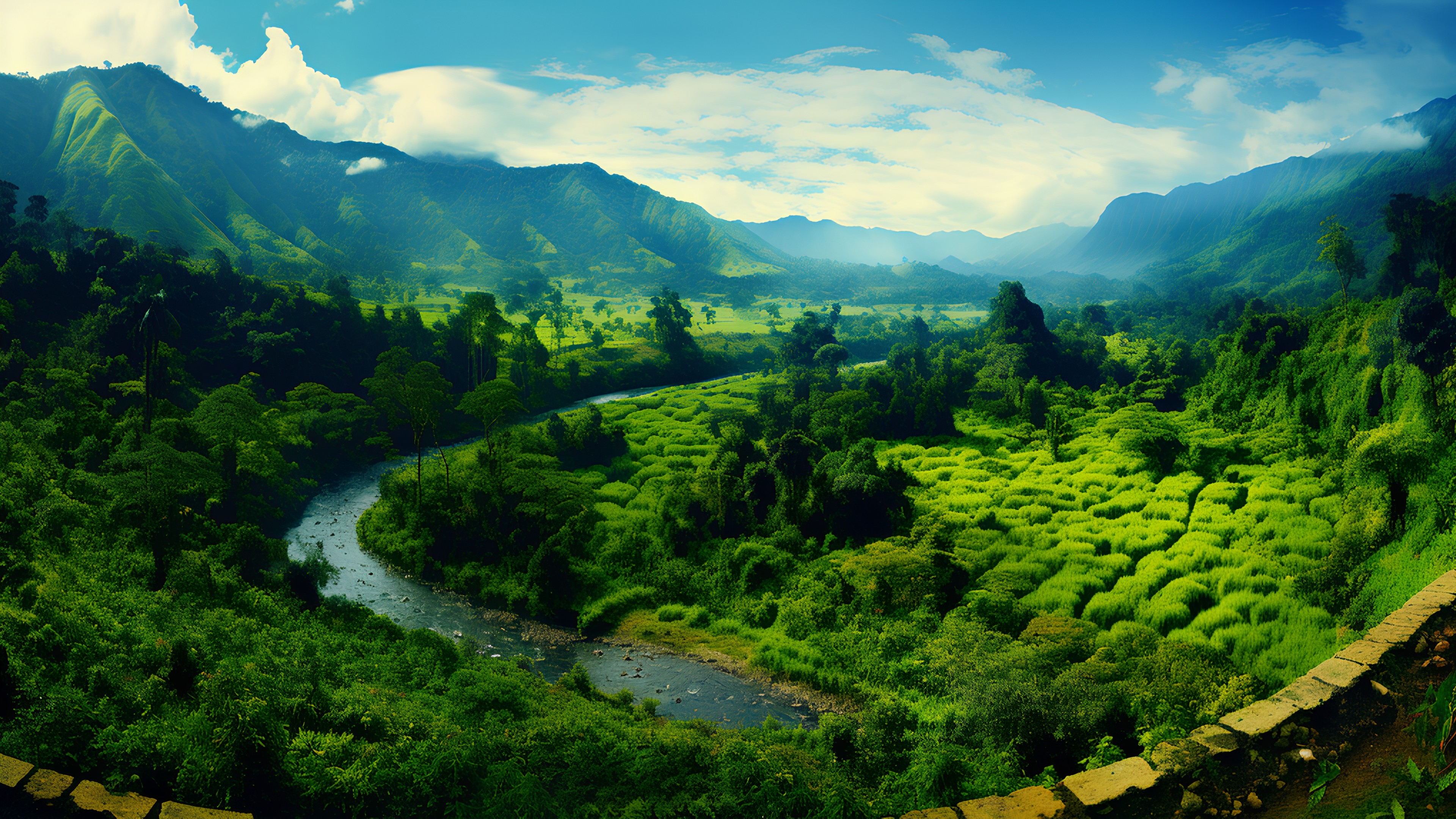 Cloud, Water, Sky, Mountain, Water resources, Plant, Green, Nature, Natural landscape, Highland, Tree, Vegetation, Sunlight, Biome, Watercourse, Grass, Landscape, Morning, Mountain range, Mountainous landforms