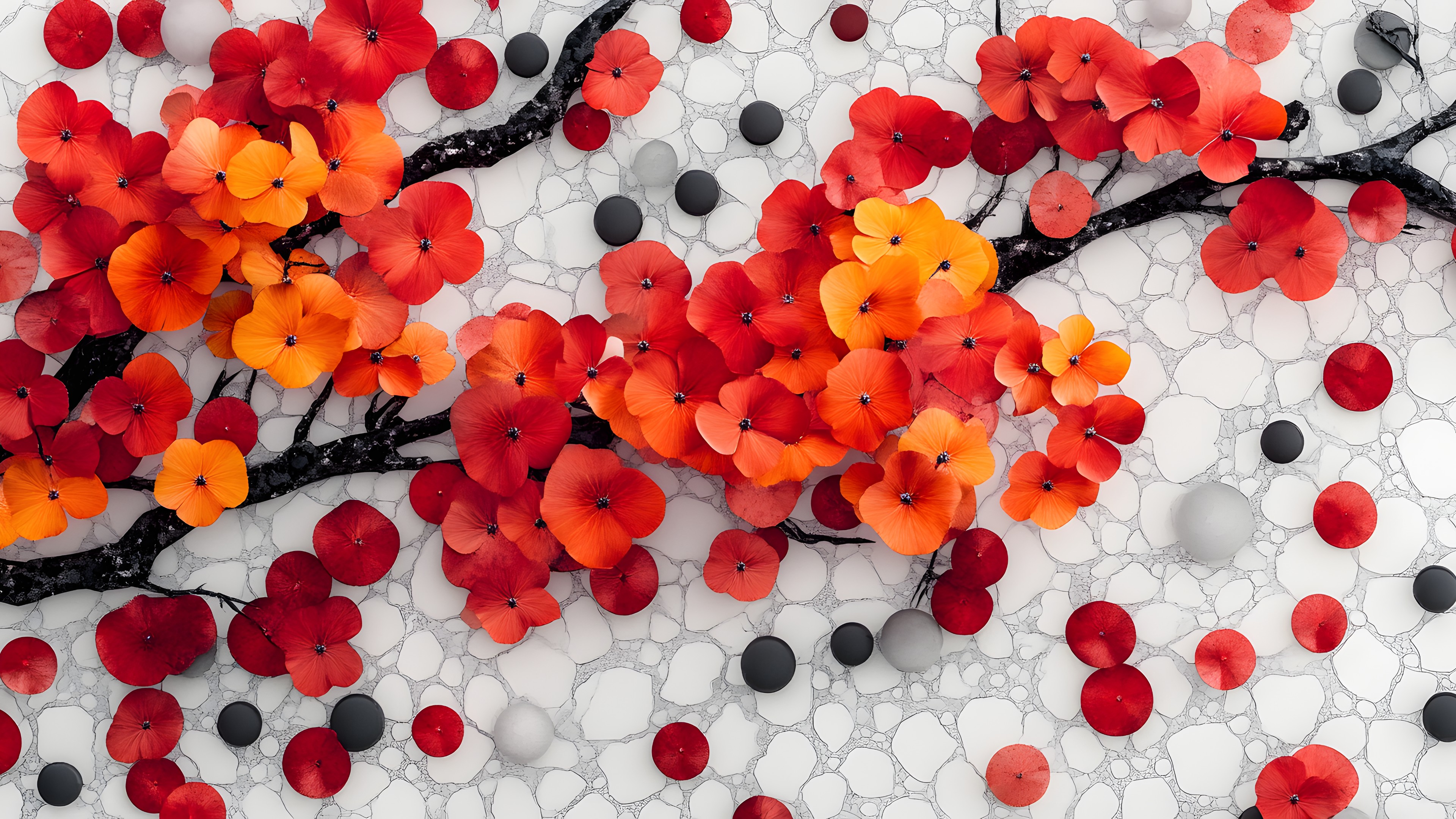Red, Orange, Blossom, Floral design, Mountain-ash, Modern art, Geraniums