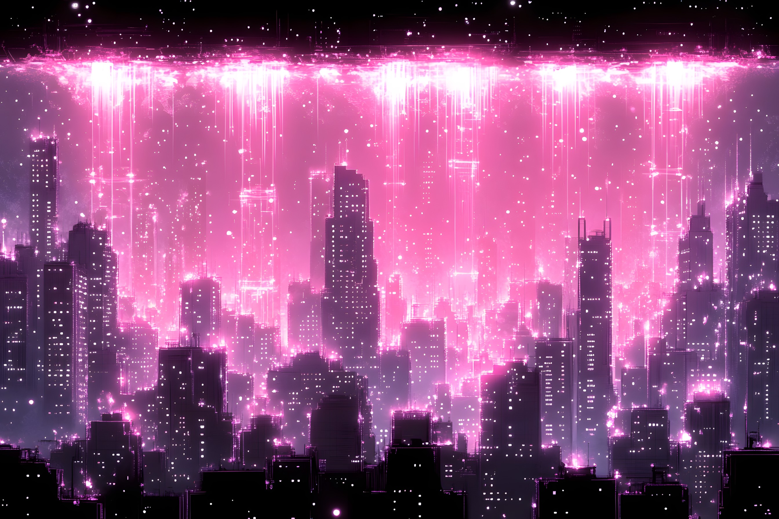 Pink, High-rise building, Cityscape, Metropolis, Purple, Skyscraper, Night, Skyline, Graphics, Graphic design