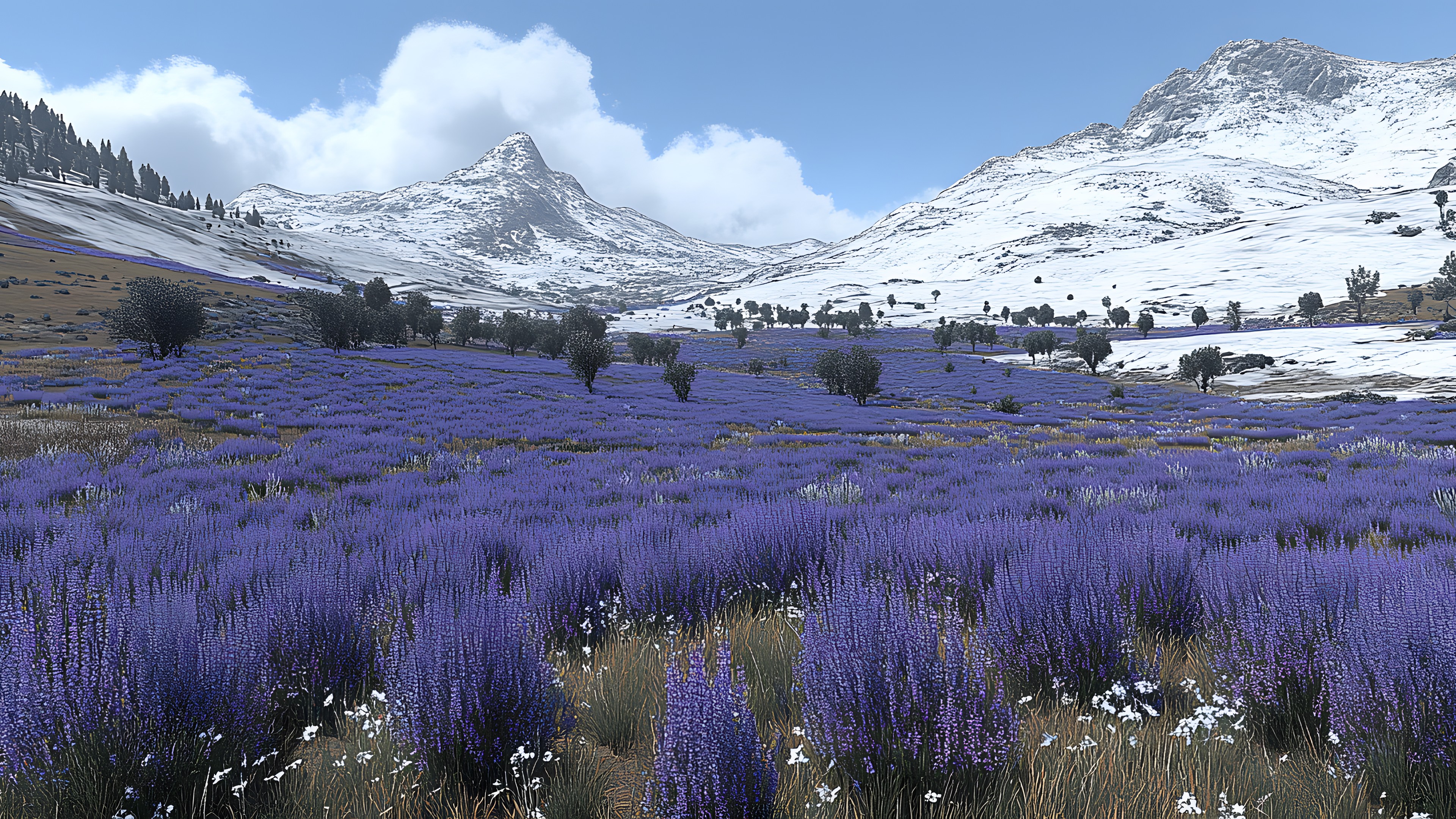 Mountainous landforms, Mountain, Mountain range, Valley, Hill station, Alps, Ridge, Glacial landform, Winter, Larch, Snow, Fell, Summit, Conifers, Massif, Mountain river, Pine family, Pine, Wildflower, Lavender