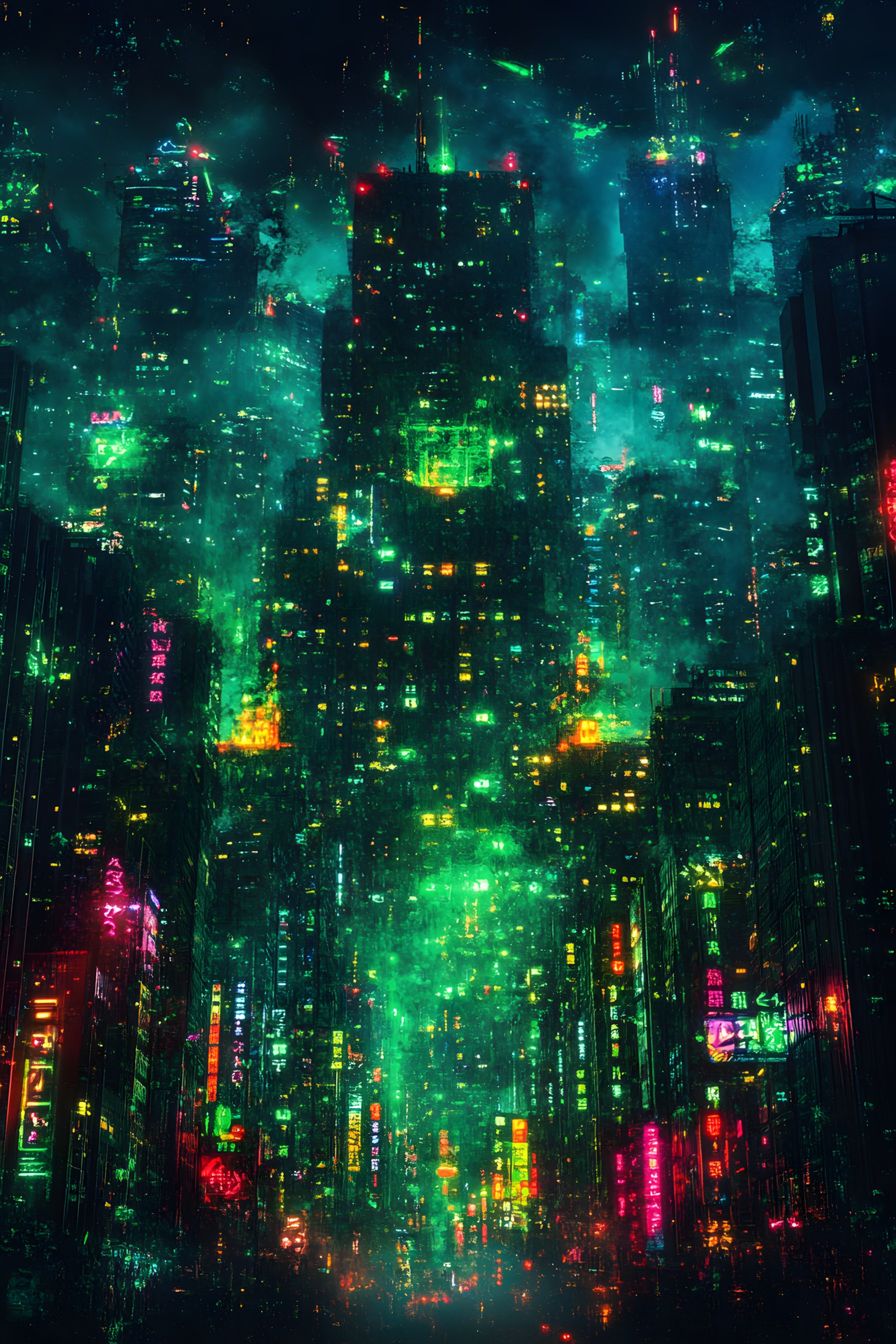 Metropolis, Skyscraper, High-rise building, Cityscape, Tower, Night, Neon