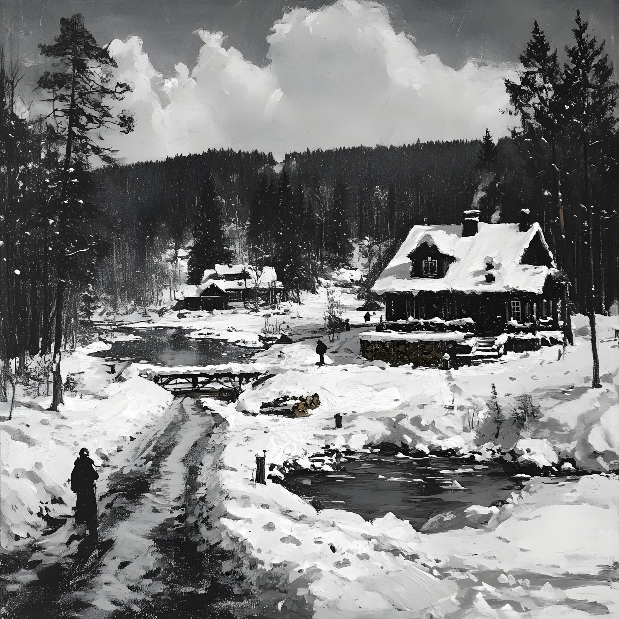 Winter, Snow, Cottage, Freezing, Black and white, Log cabin, Village, Hut, Precipitation, Sugar shack, Shack, Mountain Village, Conifers, Evergreen, Pine family, Fir, Ice, Larch