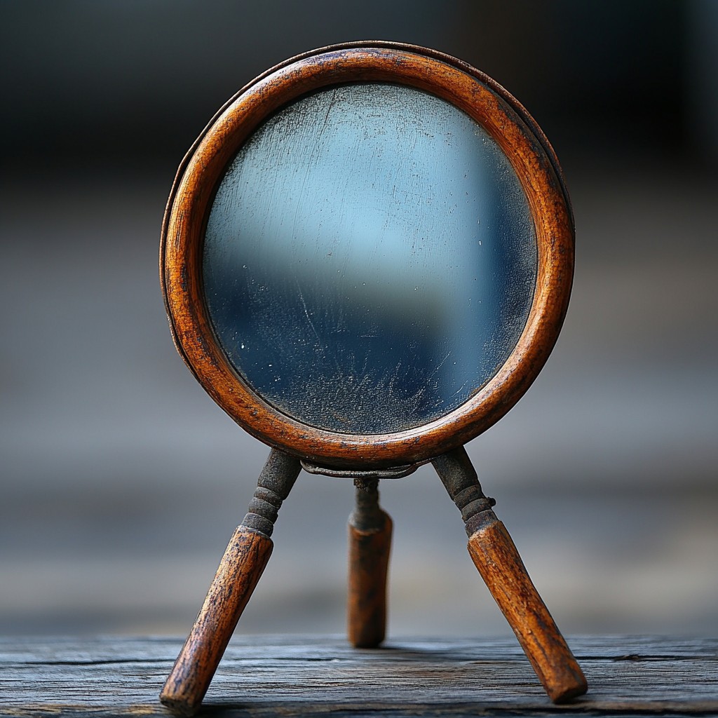 Wood, Magnifying glass, Flash photography, Audio equipment, Tints and shades, Circle, Font, Metal, Fashion accessory, Electric blue, Macro photography, Still life photography, Antique, Shadow, Leather, Personal protective equipment, Glass, Eyewear, Gadget