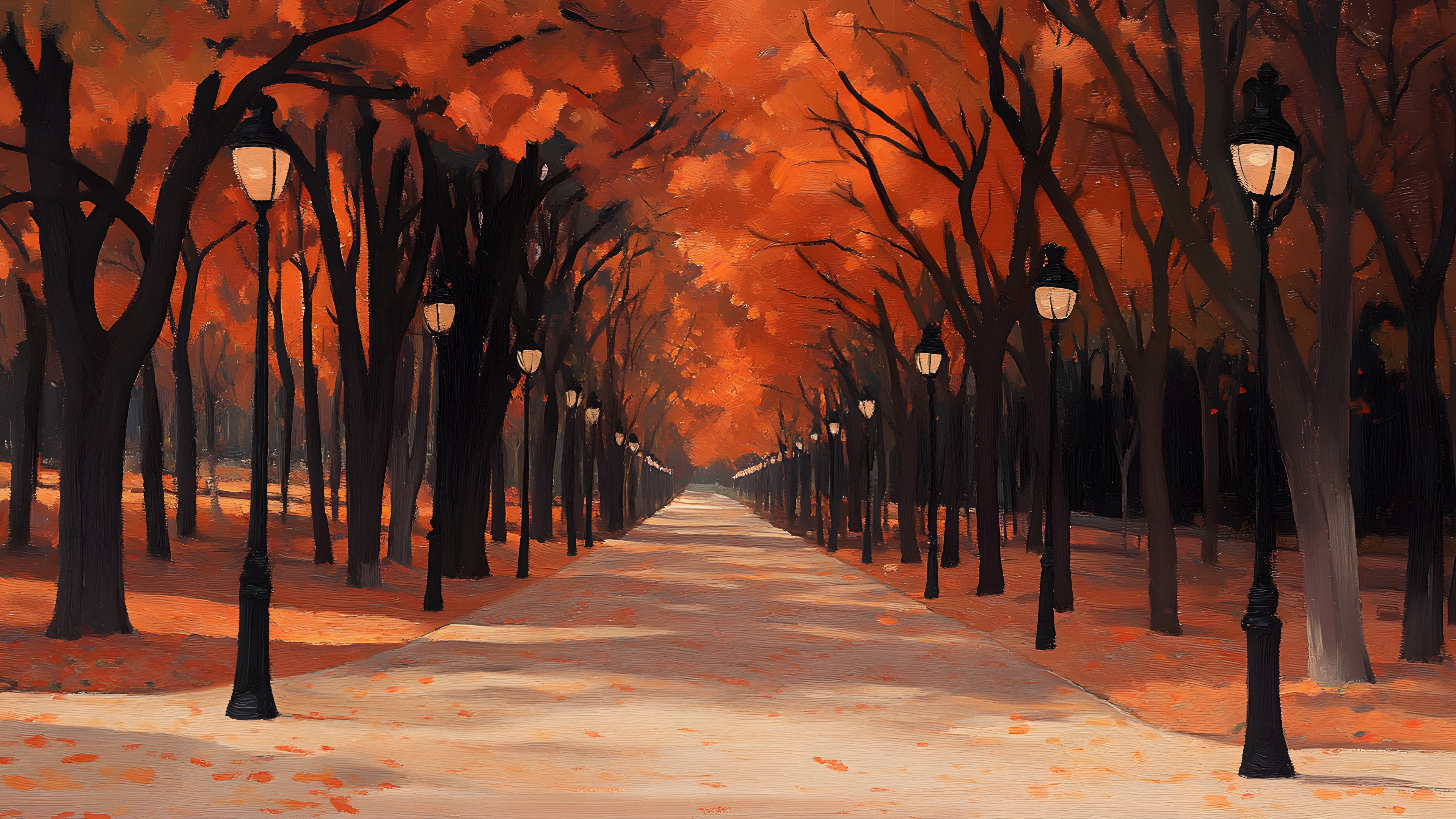 Orange, Trunk, Woody plant, Twig, Autumn, Evening, Modern art, Paint, Acrylic paint, Watercolor painting, Shadow, Grove, Walkway, Dusk