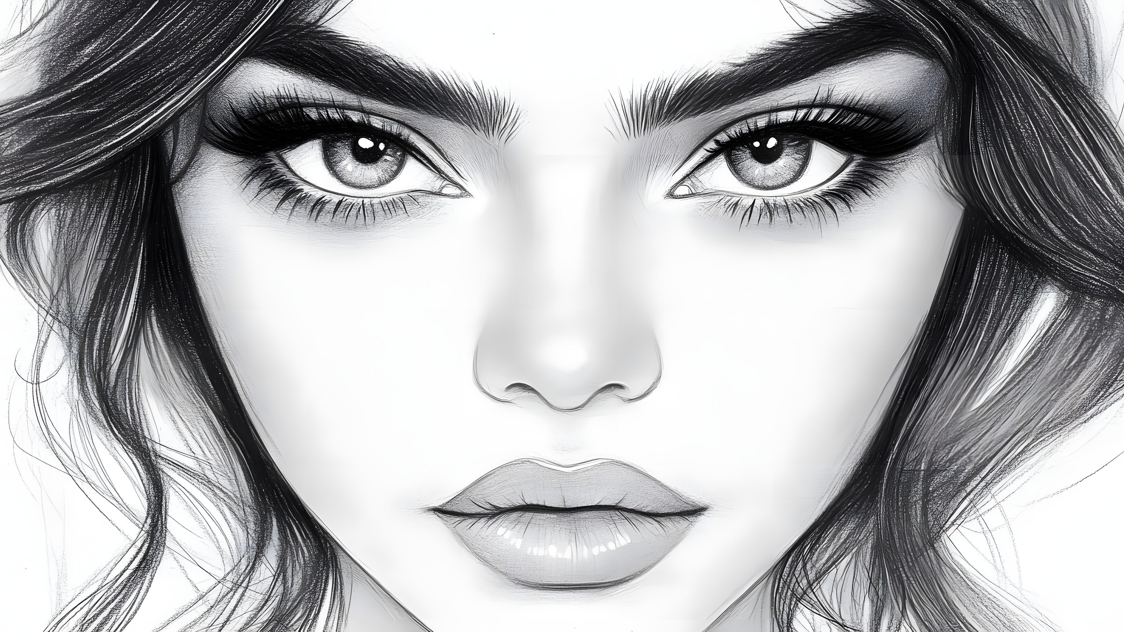 Eyebrow, Lips, Eyelash, White, Hairstyle, Facial expression, Black, Monochrome photography, Drawing, Black and white, Line art, Long hair, Monochrome, Sketch, Eyelash extensions, No expression, Eye liner, Portrait, Lipstick, Graphics