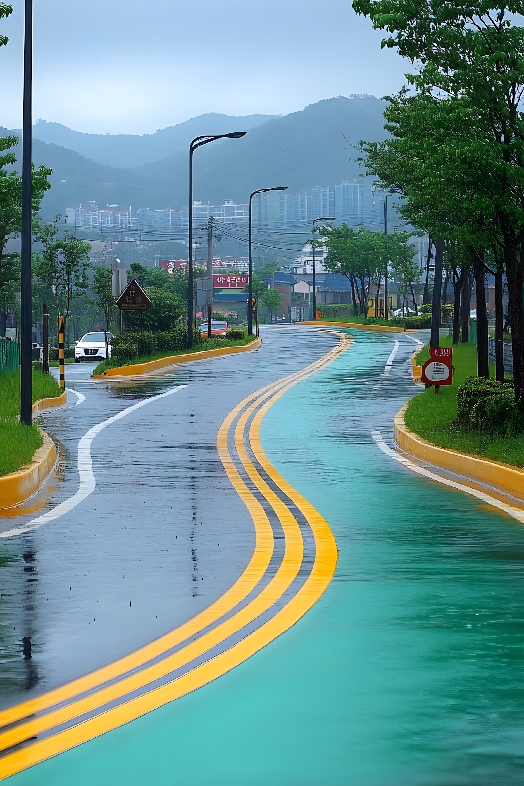 Road, Road surface, Yellow, Asphalt, Thoroughfare, Hill, Highway, Lane, Morning, Public utility, Controlled-access highway, pole, Mountain range, Tar, Sidewalk, Street light, Walkway, Path, Overhead power line, Shoulder