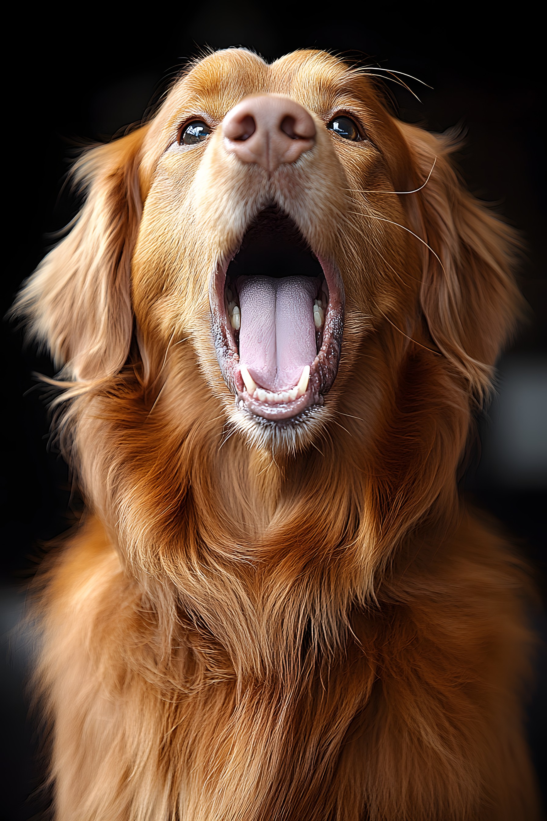 Dog, Vertebrate, Facial expression, Carnivores, Tooth, Snout, Tongue, Whiskers, Close-up, Retriever, Canidae, Happiness, Fur, Gun dog, Yawn, Working animal, Fang, Nova Scotia Duck Tolling Retriever, Golden Retriever