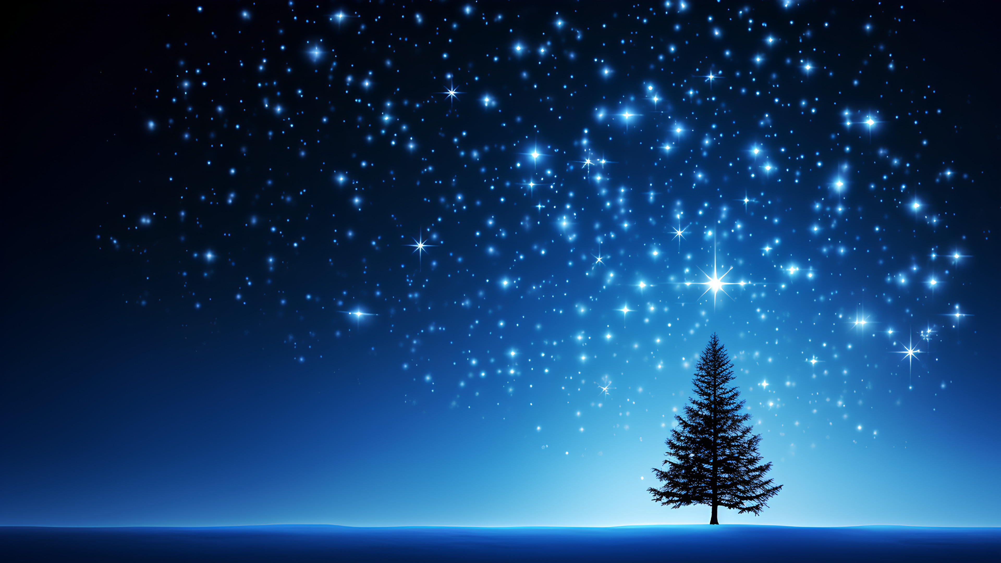 Sky, Atmosphere, Blue, Azure, Tree, Plant, Natural landscape, Astronomical object, Evergreen, Midnight, Electric blue, Space, Event, Star, Calm, Darkness, Christmas tree, Art, Freezing, Science