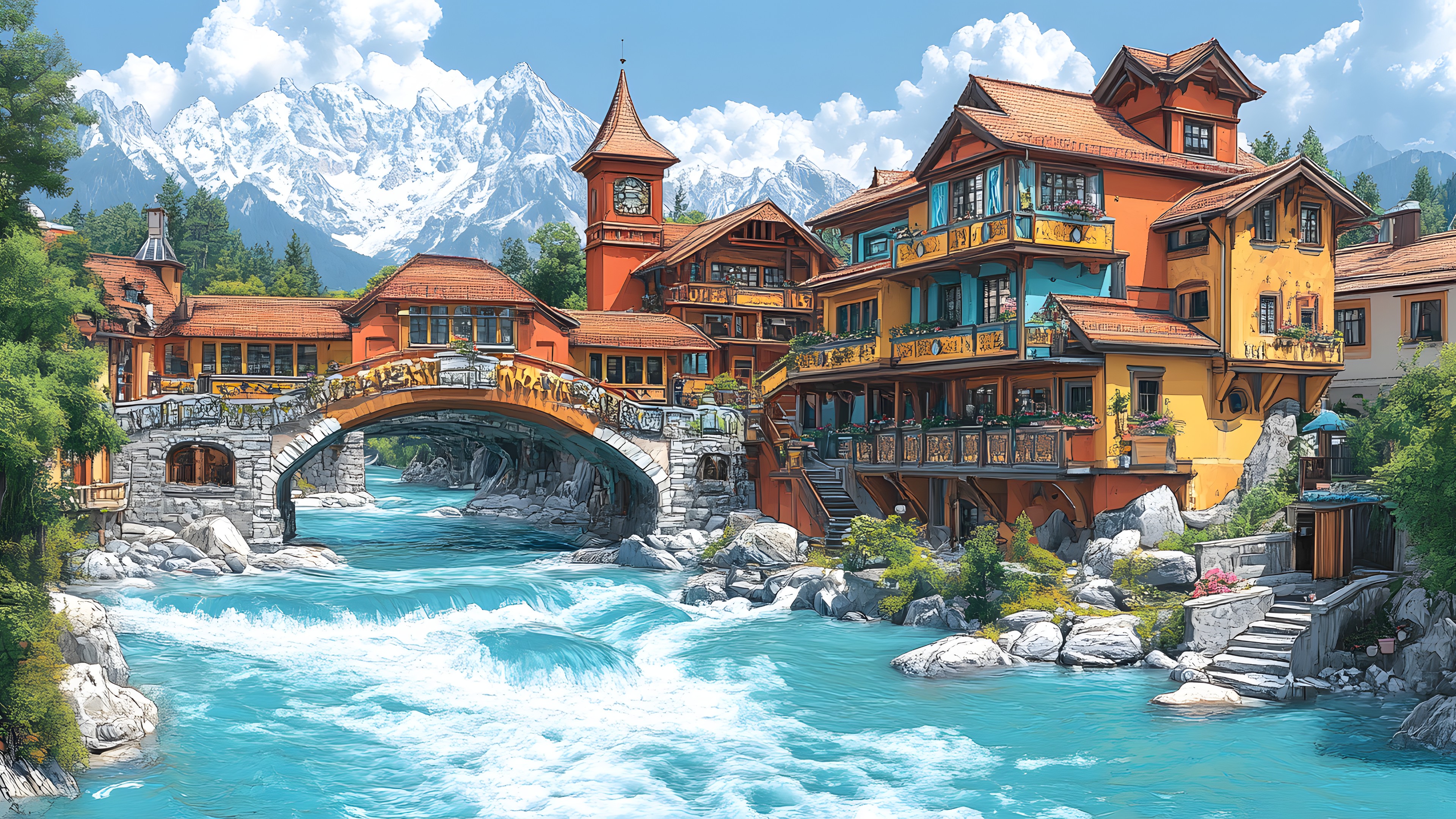 Water, Body of water, Mountainous landforms, Natural landscape, Mountain, Watercourse, Landscape, Mountain range, Valley, Lake, Tourist attraction, Channel, Hill station, River, Mountain river, Alps, Mountain Village, Fluvial landforms of streams, Village, Bridge