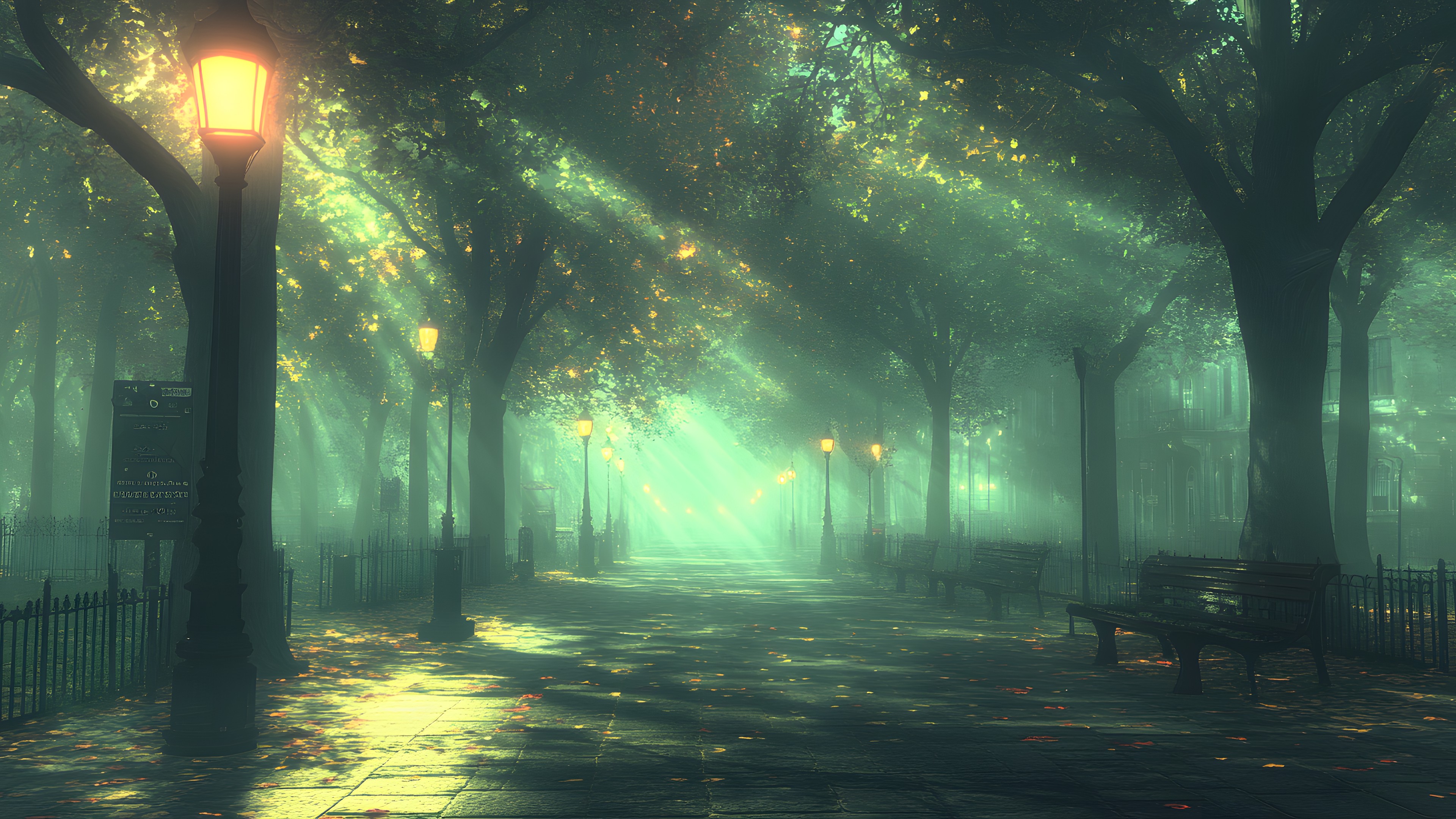 atmospheric phenomenon, Mist, Fog, Forest, Night, Walkway, Haze, Lens flare, Sunlight, Woodland, Evening, Alley, Midnight, Security lighting, Rain, Old-growth forest, Grove, Path, Sunrise, Backlighting