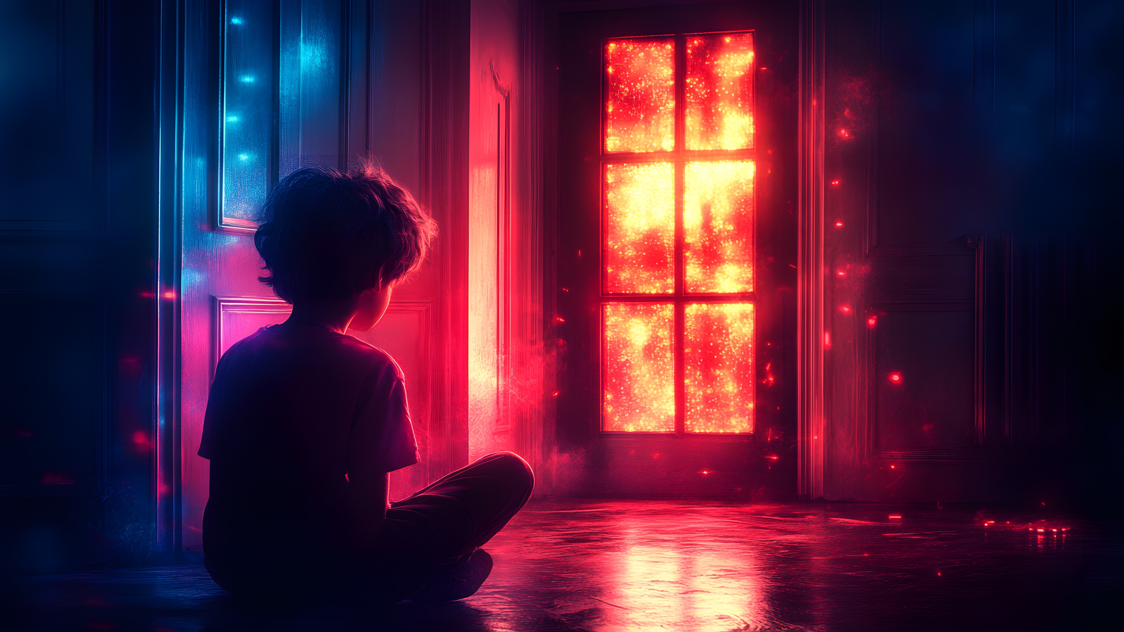 Red, Lighting, Darkness, Night, Backlighting, Lens flare, Child, Shadow, Silhouette