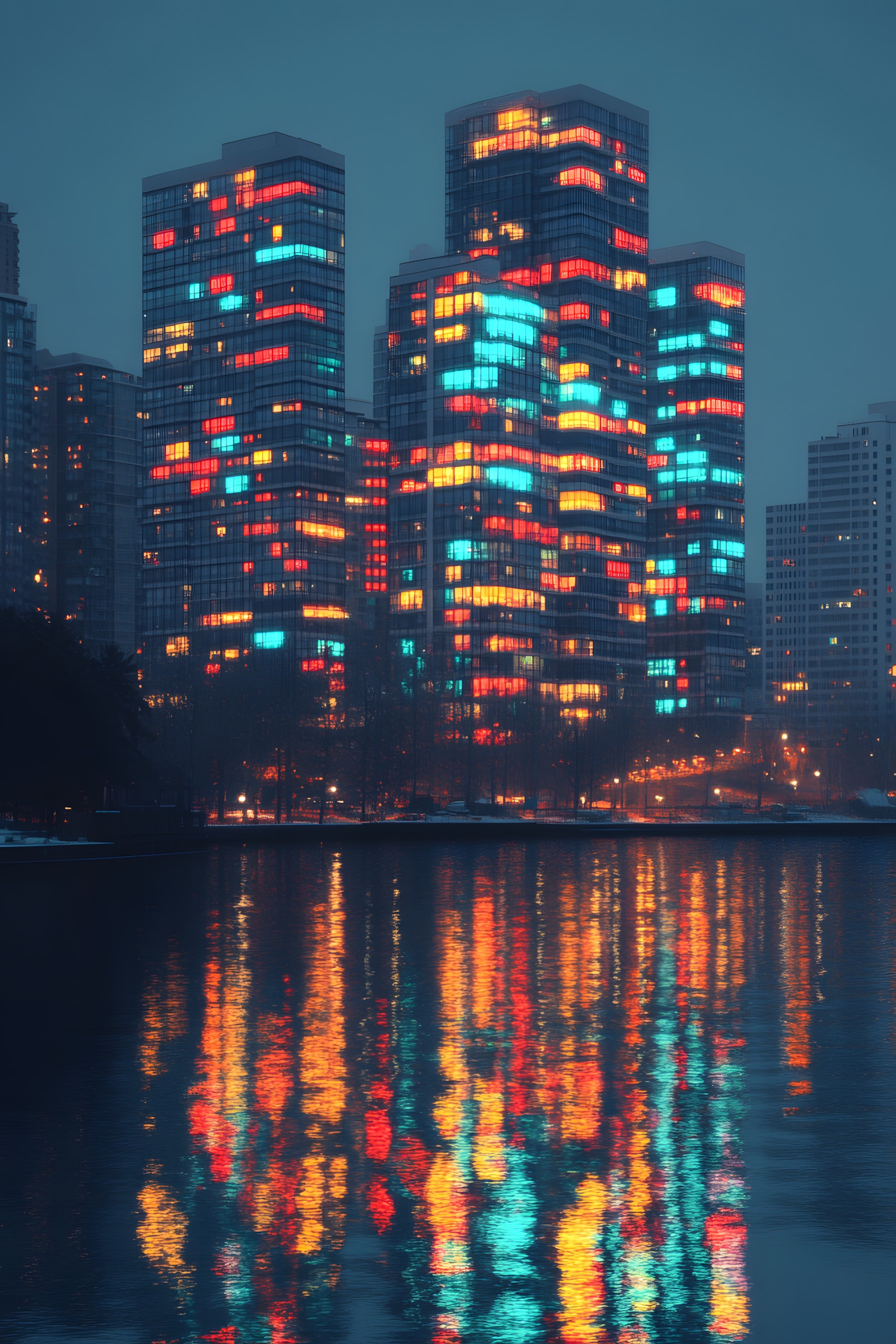 Skyscraper, Building, City, Urban area, Metropolitan area, High-rise building, Night, Metropolis, Commercial building, Condominium, Apartment, Landmark, Tower, Cityscape, Human settlement, Skyline, Mixed-use, Midnight, Reflection, Headquarters