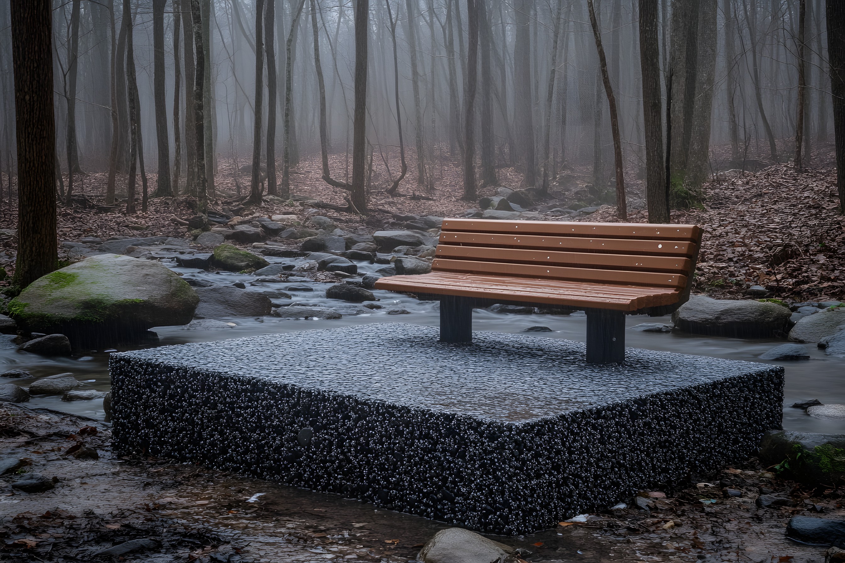 Wood, Outdoor Bench, Bench, Outdoor furniture, Grey, Winter, Freezing, Street furniture, Pebble, Precipitation, Snow, Still life photography, Shadow