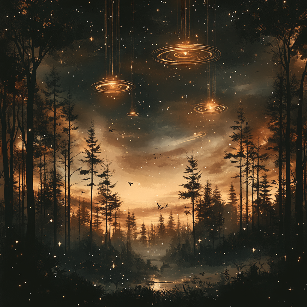 Astronomical object, atmospheric phenomenon, Star, Night, Forest, Midnight, Evening, Universe, Galaxy, Astronomy, Conifers, Outer space, Science, CG artwork, Moonlight, Fir, Pine family, Dawn