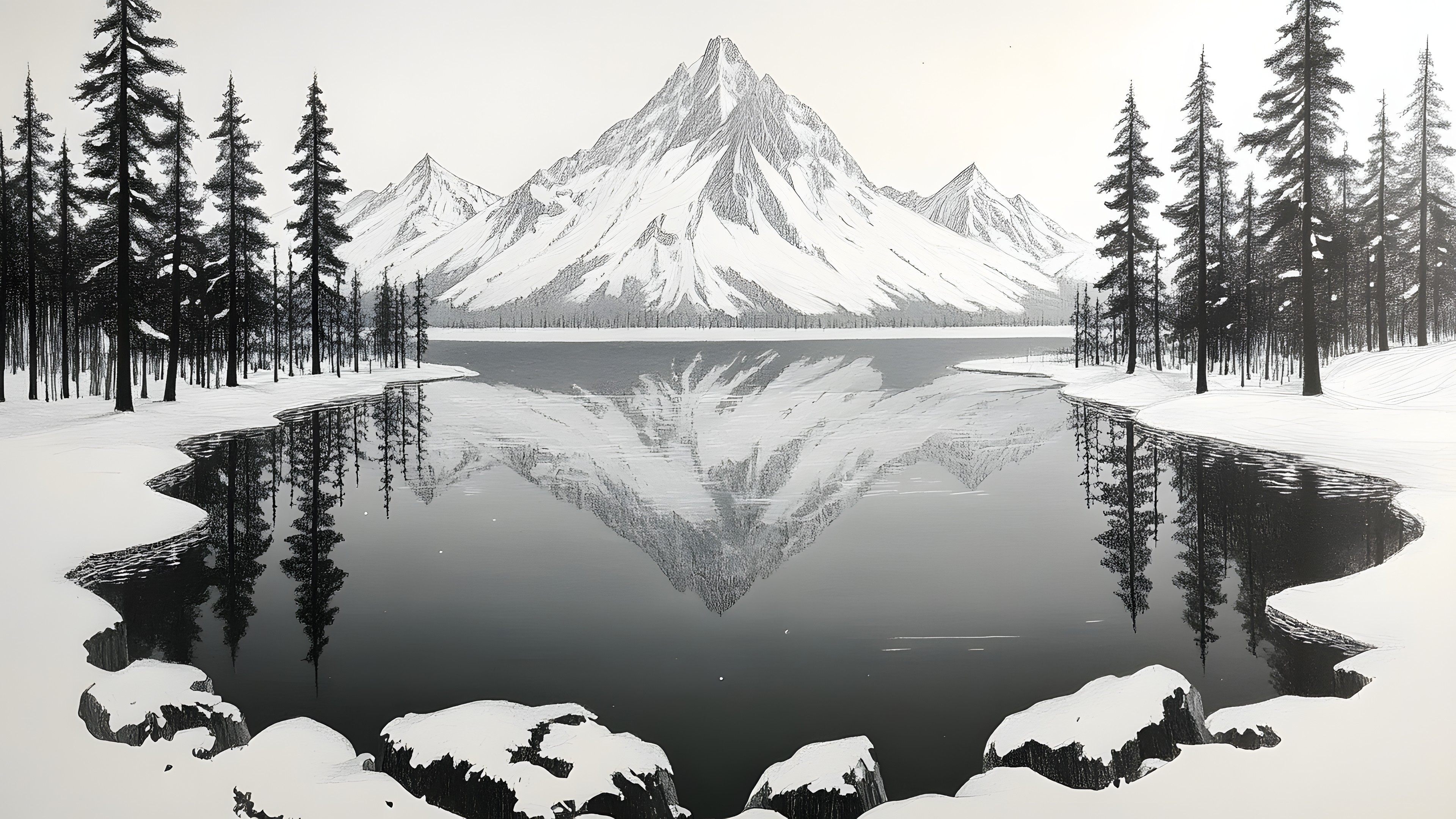 Mountain, Reflection, Monochrome photography, Mountain range, Black and white, Glacial landform, Winter, Larch, Alps, Mountain river, Ridge, Snow, Loch, Summit, Tarn, Symmetry, Lake District, Conifers, Sound, Moraine