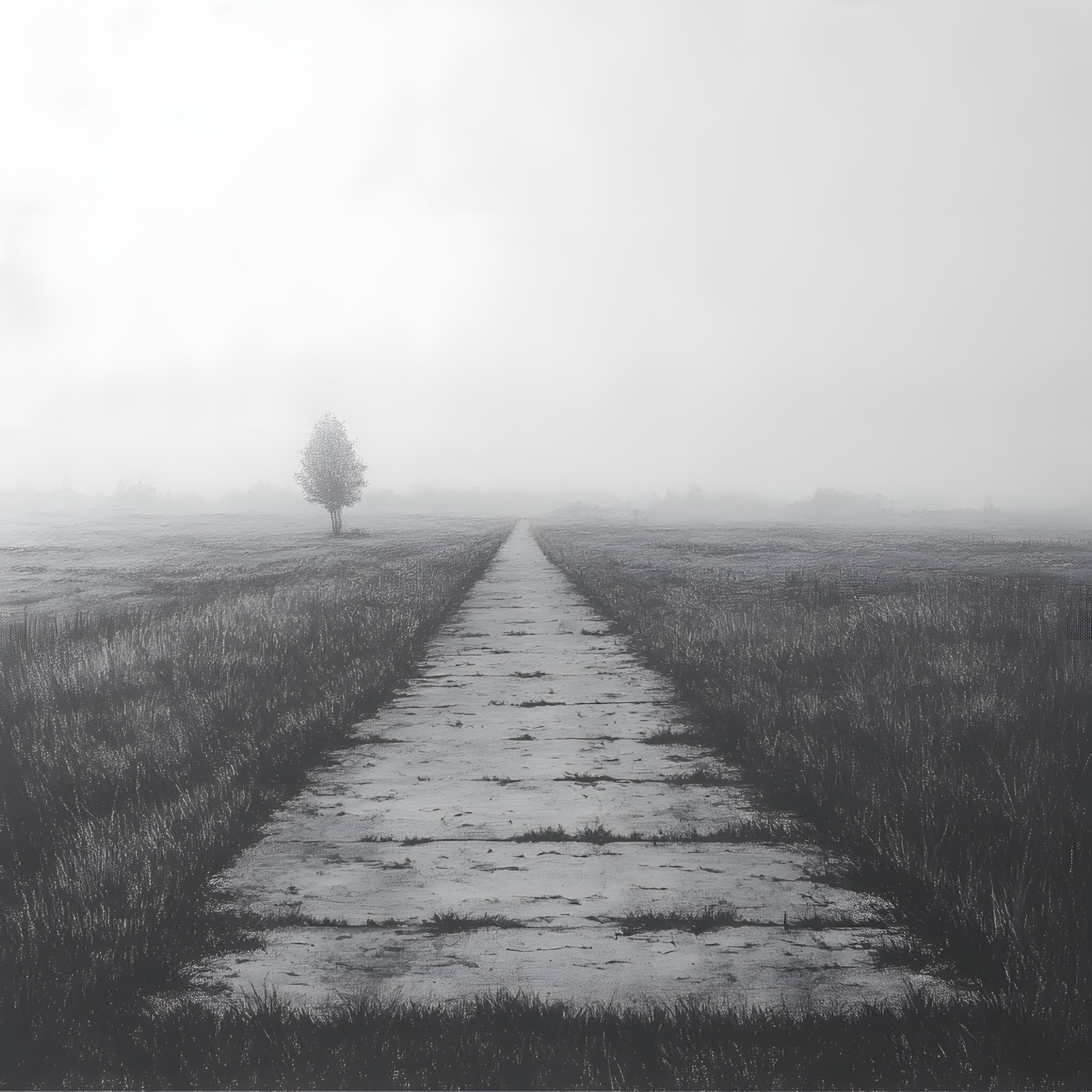 atmospheric phenomenon, Monochrome photography, Horizon, Natural landscape, Plain, Fog, Mist, Monochrome, Black and white, Field, Morning, Grey, Haze, Wind, Trail, Symmetry, Agriculture, Evening, Hinterland, Walkway