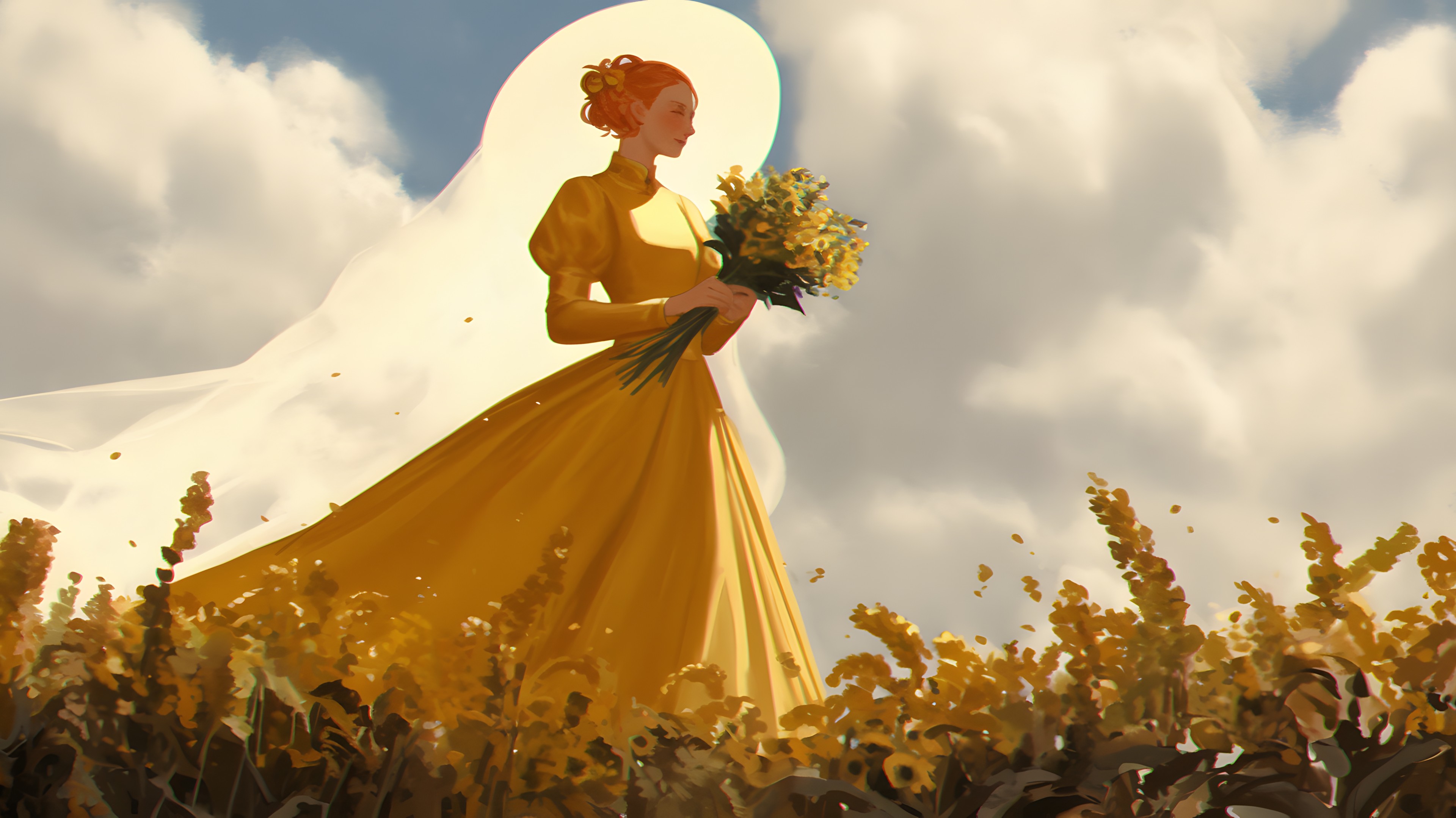 Yellow, Dress, People in nature, Gown, Animation, Agriculture, Crop, Fashion illustration, Haute couture, One-piece garment