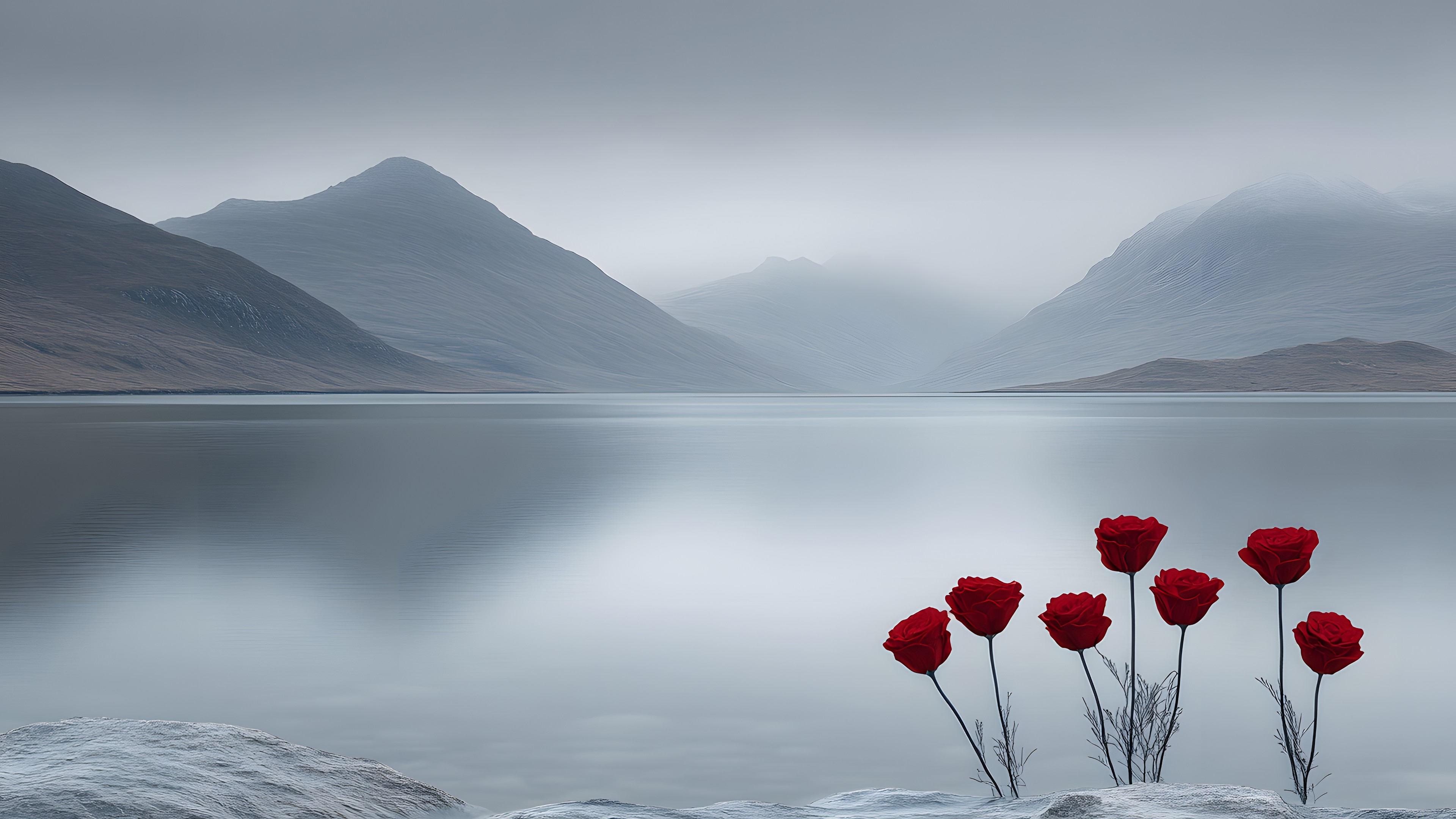 Mountainous landforms, atmospheric phenomenon, Mountain, Mountain range, Winter, Glacial landform, Mist, Lake, Morning, Glacier, Reflection, Loch, Hill station, Snow, Glacial lake, Fell, Valley, Sound, Lake District, Mountain river