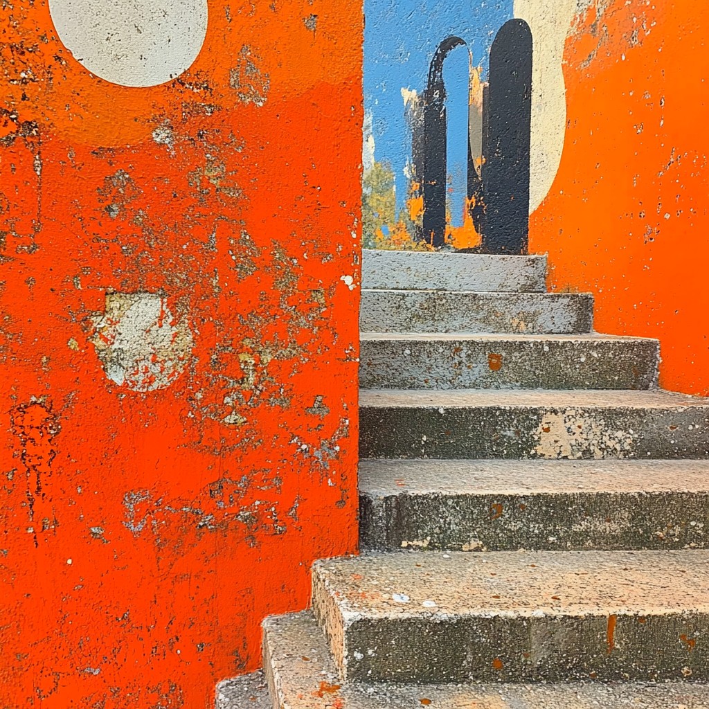 Orange, Red, Yellow, Paint, Stairs, Modern art, Still life photography, Street art