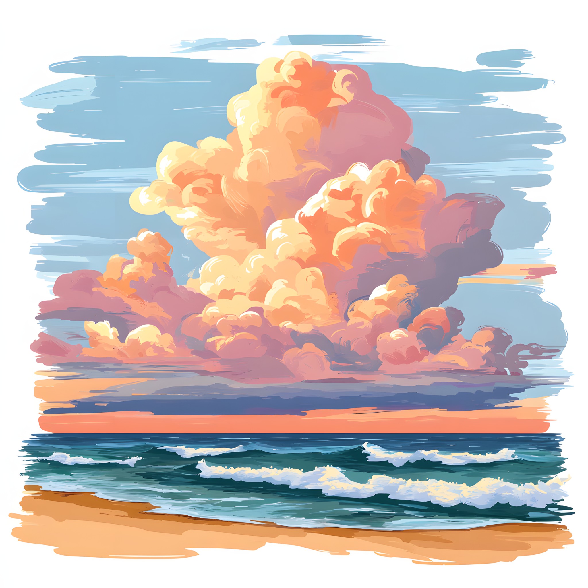 Cloud, Orange, Sea, Ocean, Painting, Cumulus, Watercolor painting, Paint, Meteorological phenomenon, Art Paint, Modern art, Wind wave, Graphics, Acrylic paint