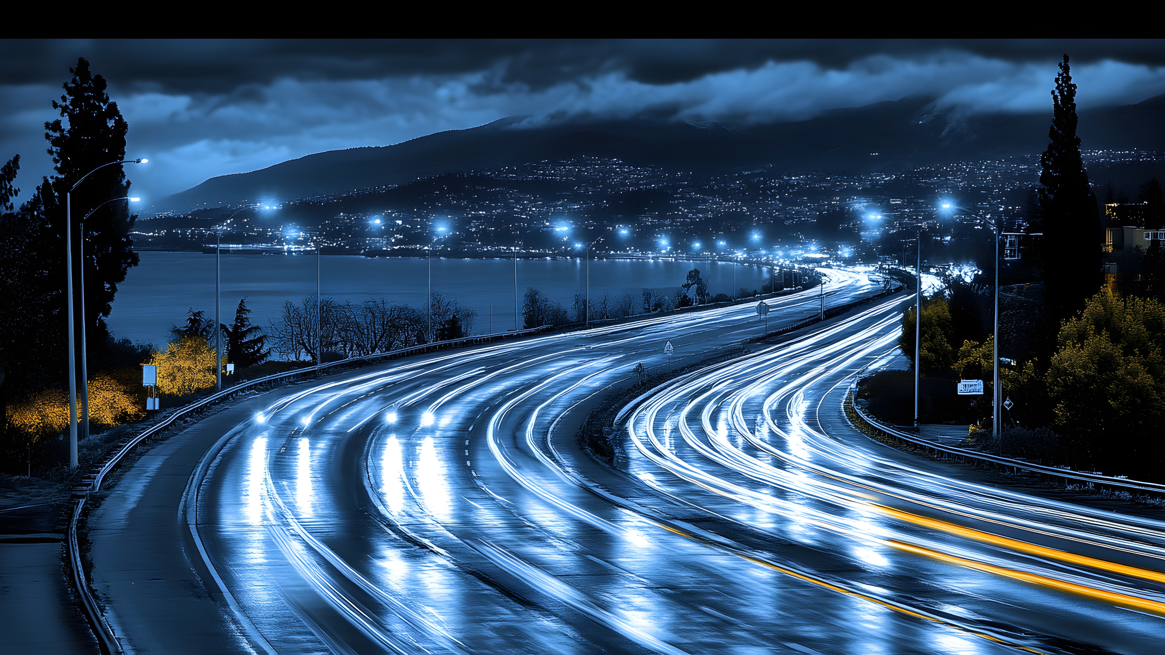 Cloud, Sky, Automotive lighting, Plant, Light, Black, Lighting, Road surface, Tree, Asphalt, Electricity, Vehicle, Mode of transport, Natural landscape, Line, Thoroughfare, Landscape, Midnight, Road, Electric blue