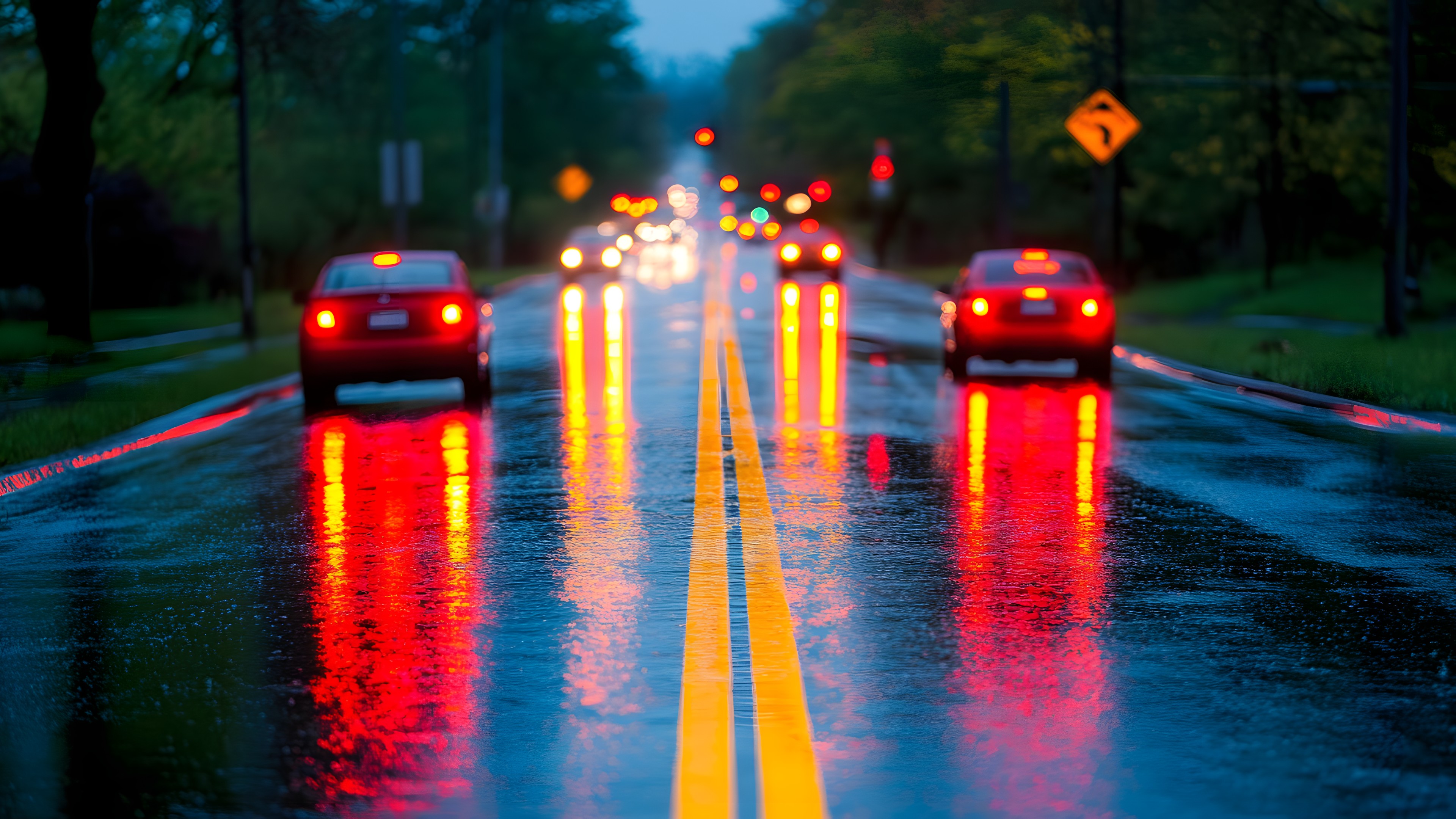 Car, Vehicle, Water, Automotive lighting, Motor vehicle, Light, Infrastructure, Road surface, Asphalt, Orange, Mode of transport, Headlamp, Sky, Tire, Thoroughfare, Tree, Automotive exterior, Road, Tints and shades, Midnight