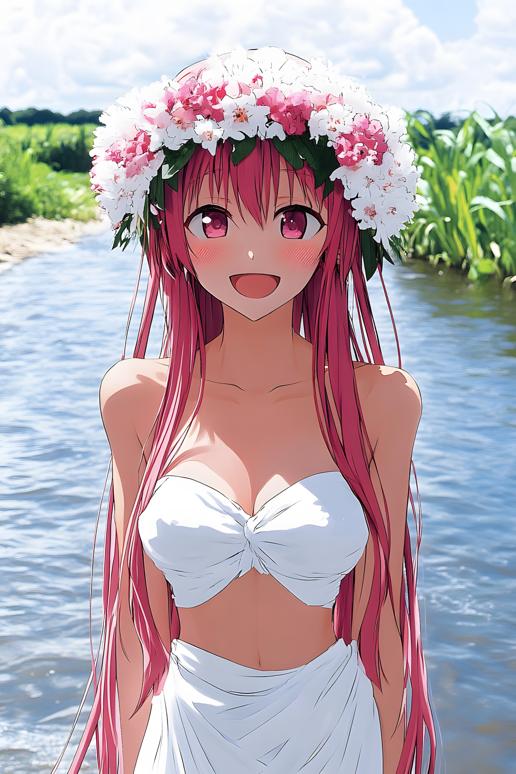 Red, Beauty, Pink, Long hair, Hime cut, CG artwork, Anime, Animation, Red hair, Hair coloring, Fictional character, Bangs