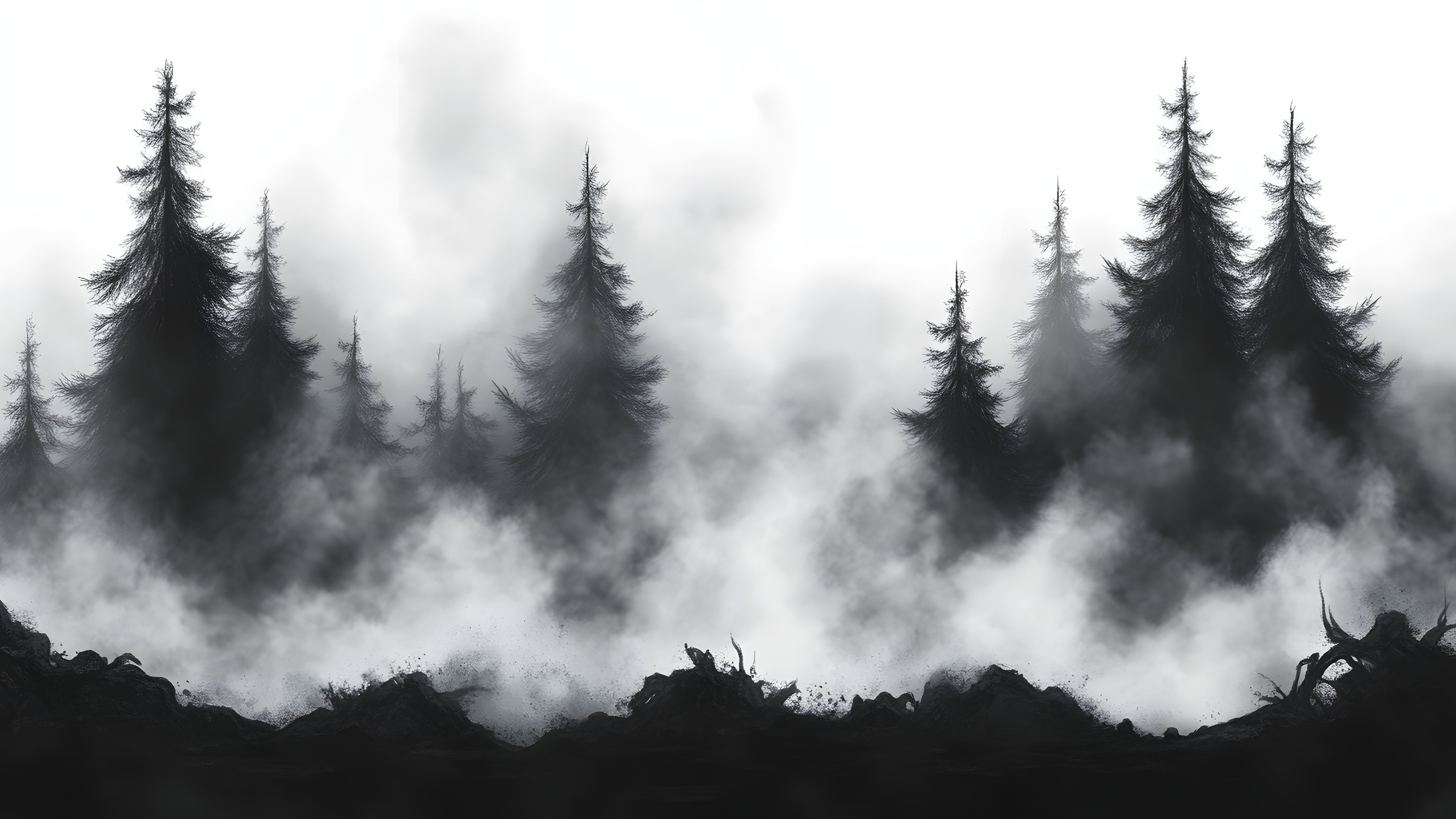 atmospheric phenomenon, Monochrome photography, Forest, Black and white, Fog, Mist, Monochrome, Woody plant, Spruce-fir forests, Jungle, Old-growth forest, Tropical and subtropical coniferous forests, Meteorological phenomenon, Larch, Conifers, Haze, Pine family, Woodland, Evergreen, Cupressaceae