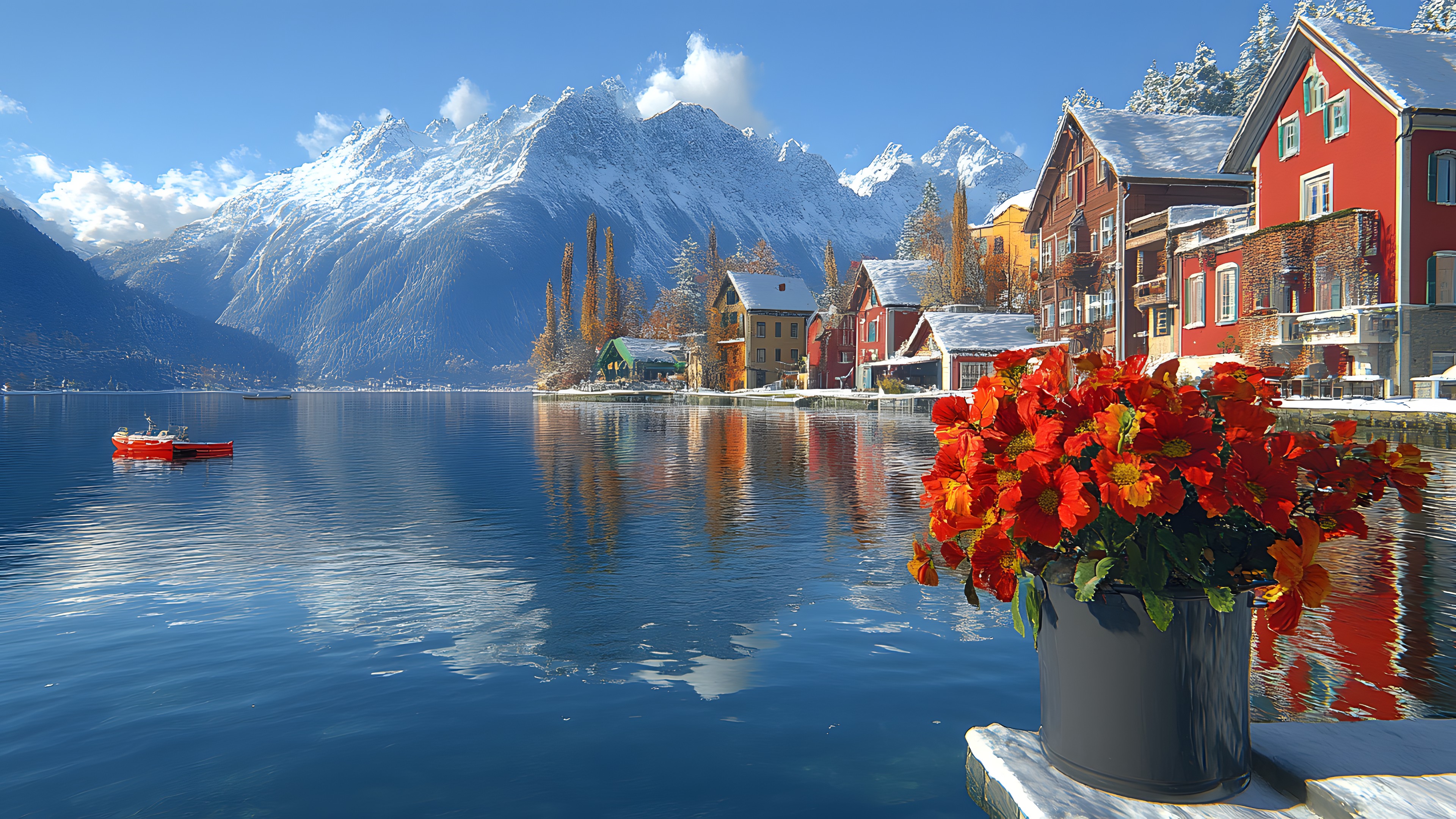 Water, Mountainous landforms, Body of water, Mountain, Natural landscape, Mountain range, House, Reflection, Boat, Highland, Lake, Channel, Bank, Valley, Hill station, Glacial landform, Alps, Glacial lake, Watercraft, Larch