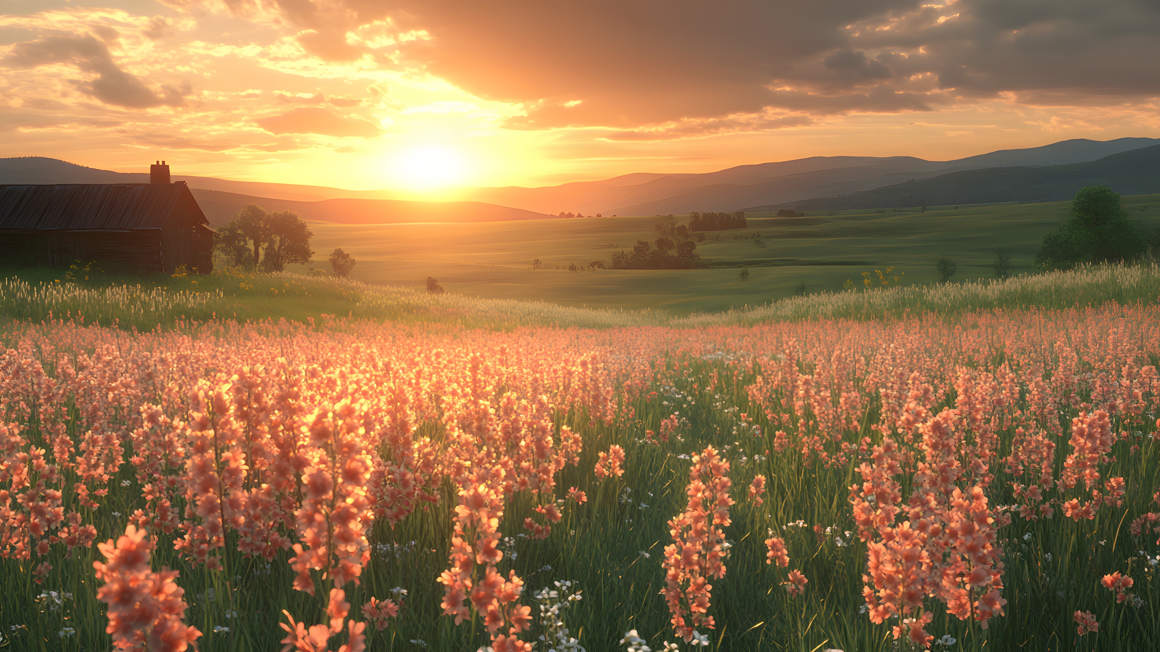 Sunset, Afterglow, Natural landscape, Sunrise, Sun, Dusk, Horizon, Field, Summer, Cloud, Evening, Red sky at morning, Sunlight, Meadow, Prairie, Morning, Agriculture, Wildflower, Farm, Plantation