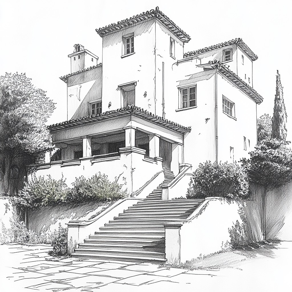 Plant, Building, Window, Stairs, House, Tree, Sky, Facade, Door, Art, Roof, Cottage, Monochrome, Drawing, Painting, Slope, Home, Monochrome photography, Illustration, Sketch