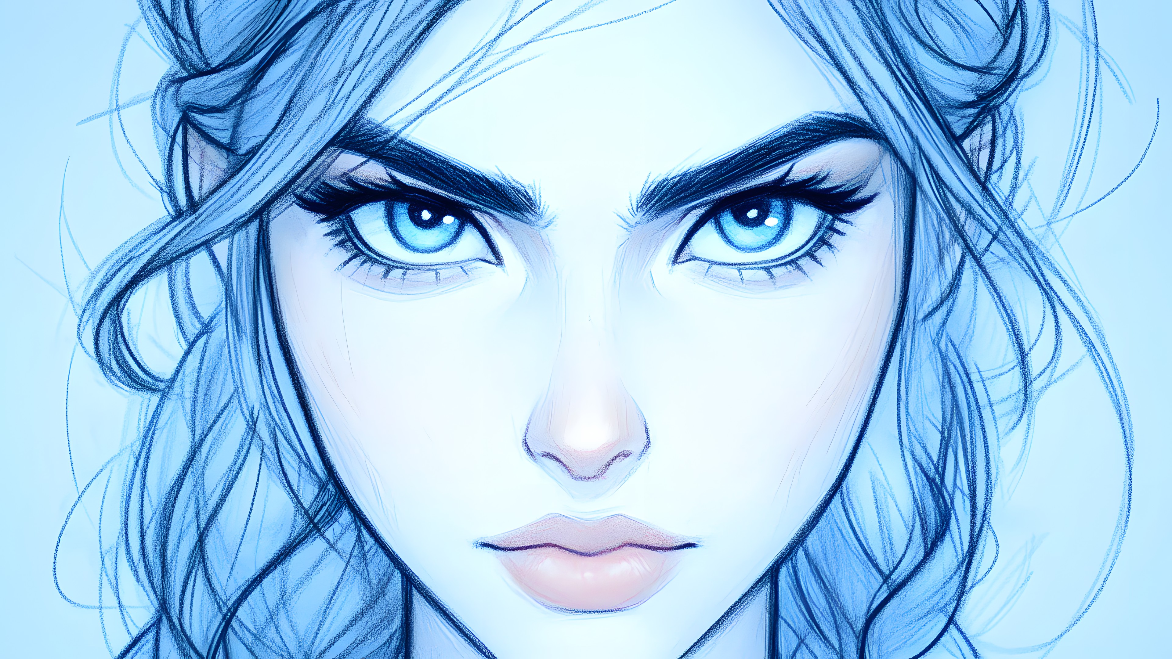 Blue, Eyebrow, Lips, Eyelash, Hairstyle, Eye, Jaw, Beauty, Facial expression, Iris, Long hair, No expression, Portrait, CG artwork, Lipstick, Fashion illustration, Eye shadow, Eye liner, Animation, Line art