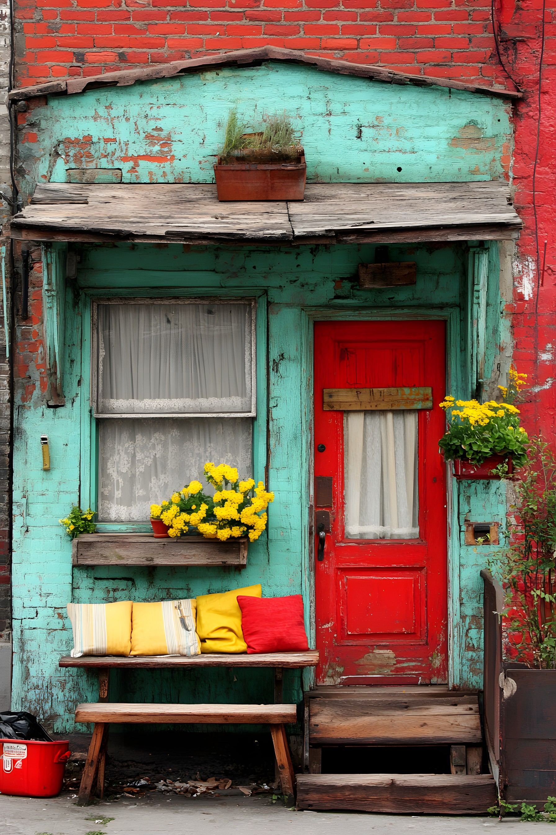 Red, Green, Yellow, Wood, Door, Orange, Pink, Paint, Home Door, Flowerpot, Wood stain, Houseplant, Floristry, Geraniums