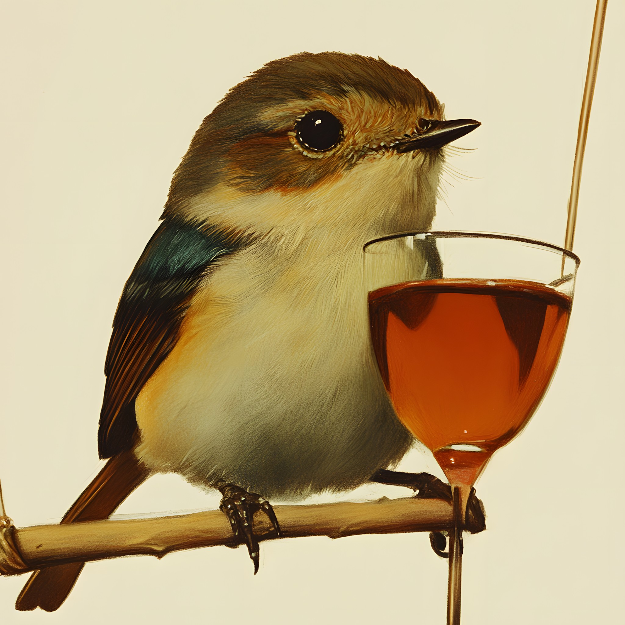 Bird, Tableware, Drinkware, Beak, Stemware, Serveware, Barware, Champagne glass, Songbirds, Liquor, Alcoholic drink, Wine glass, Cocktail, Alcohol, Passerine, Old world flycatchers, Wren, Feather, Wine, Tail