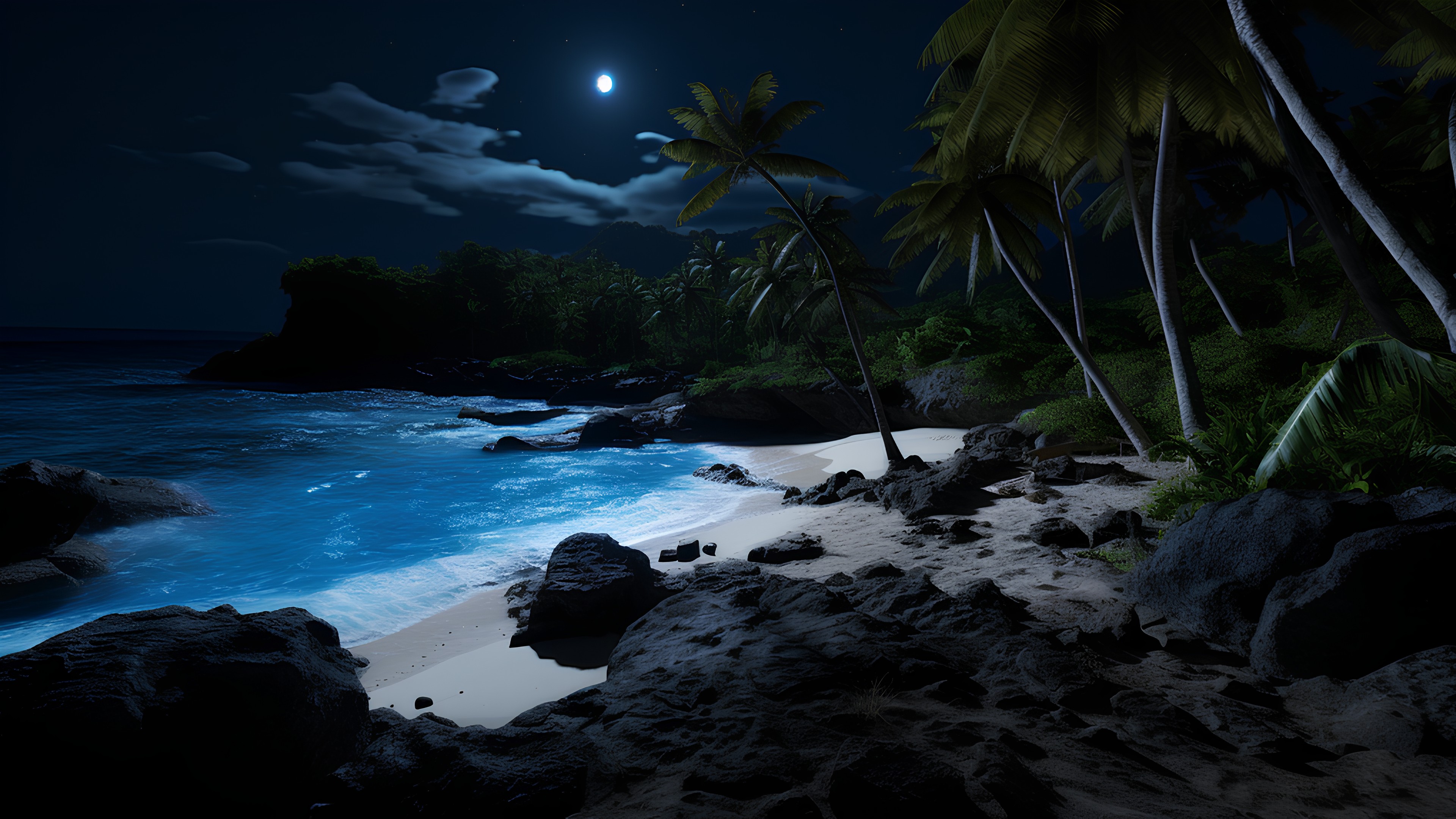 Water, Sky, Plant, Moon, Nature, Natural environment, Coastal and oceanic landforms, Arecales, Astronomical object, Natural landscape, Art, Landscape, Beach, Wind wave, Moonlight, Full moon, Midnight, Tree, Darkness, Horizon