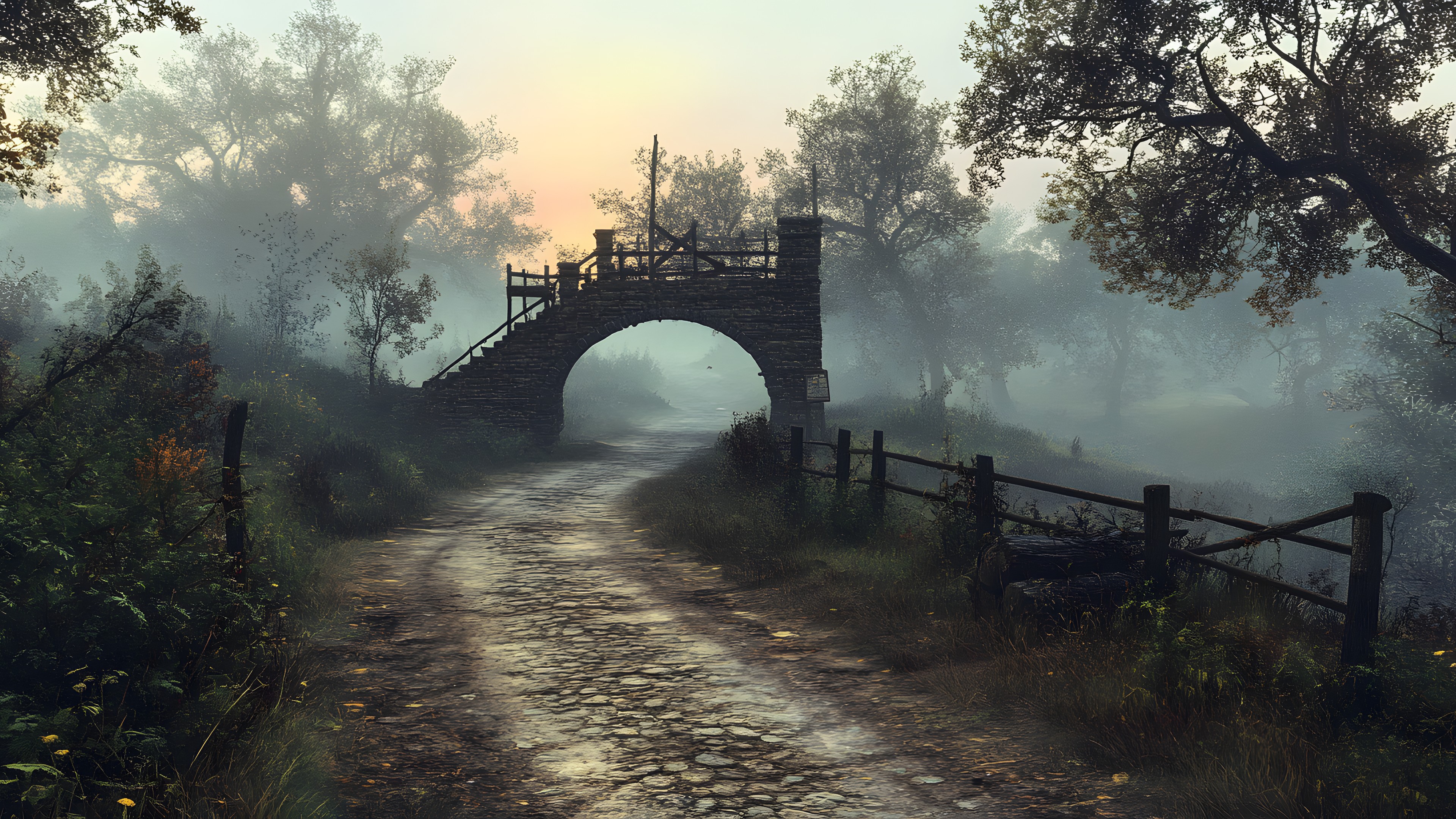 Bridge, atmospheric phenomenon, Mist, Fog, Morning, Trail, Haze, Evening, Arch bridge, Walkway, List of nonbuilding structure types, Sunrise, Autumn, Fence, Path, Humpback bridge, Lens flare