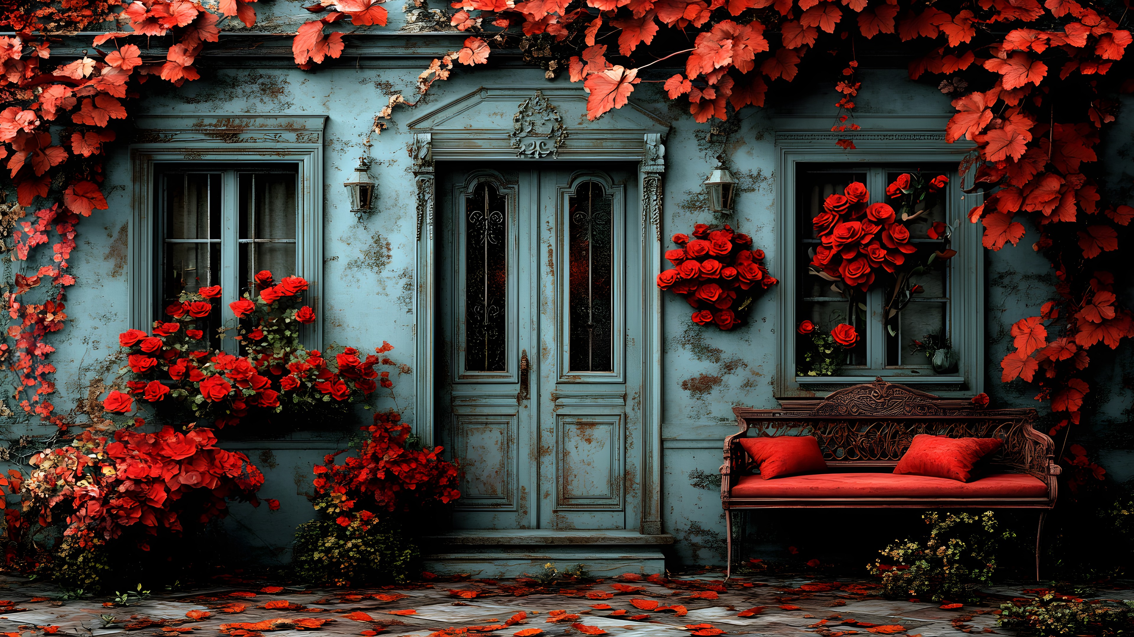 Flower, Red, Petal, Pink, Door, Floristry, Floral design, Cut flowers, Flower Arranging, Still life photography, Paint, Houseplant, Home Door, Rose family, Still life, Rose, Begonia, Geraniums
